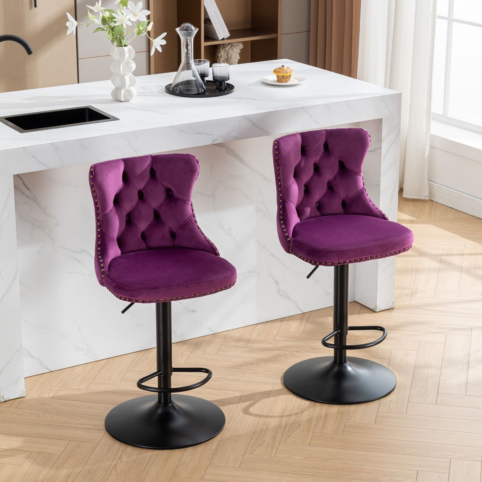 Swivel Velvet Barstools Adjusatble Seat Height, Modern Upholstered Bar Stools With Backs Comfortable Tufted For Home Pub And Kitchen Island (Set of 2) - Best Buy Furniture