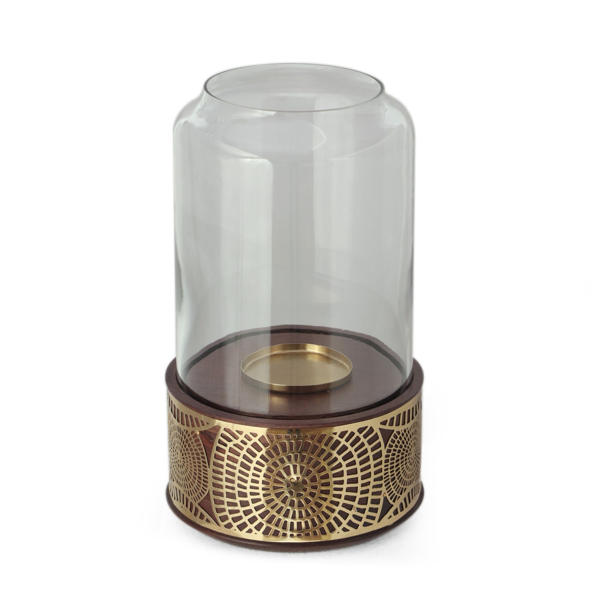 Boho Handcrafted Mango Wood Hurricane Candle Holder With Tempered Glass And Metal Accents - Brown - Best Buy Furniture