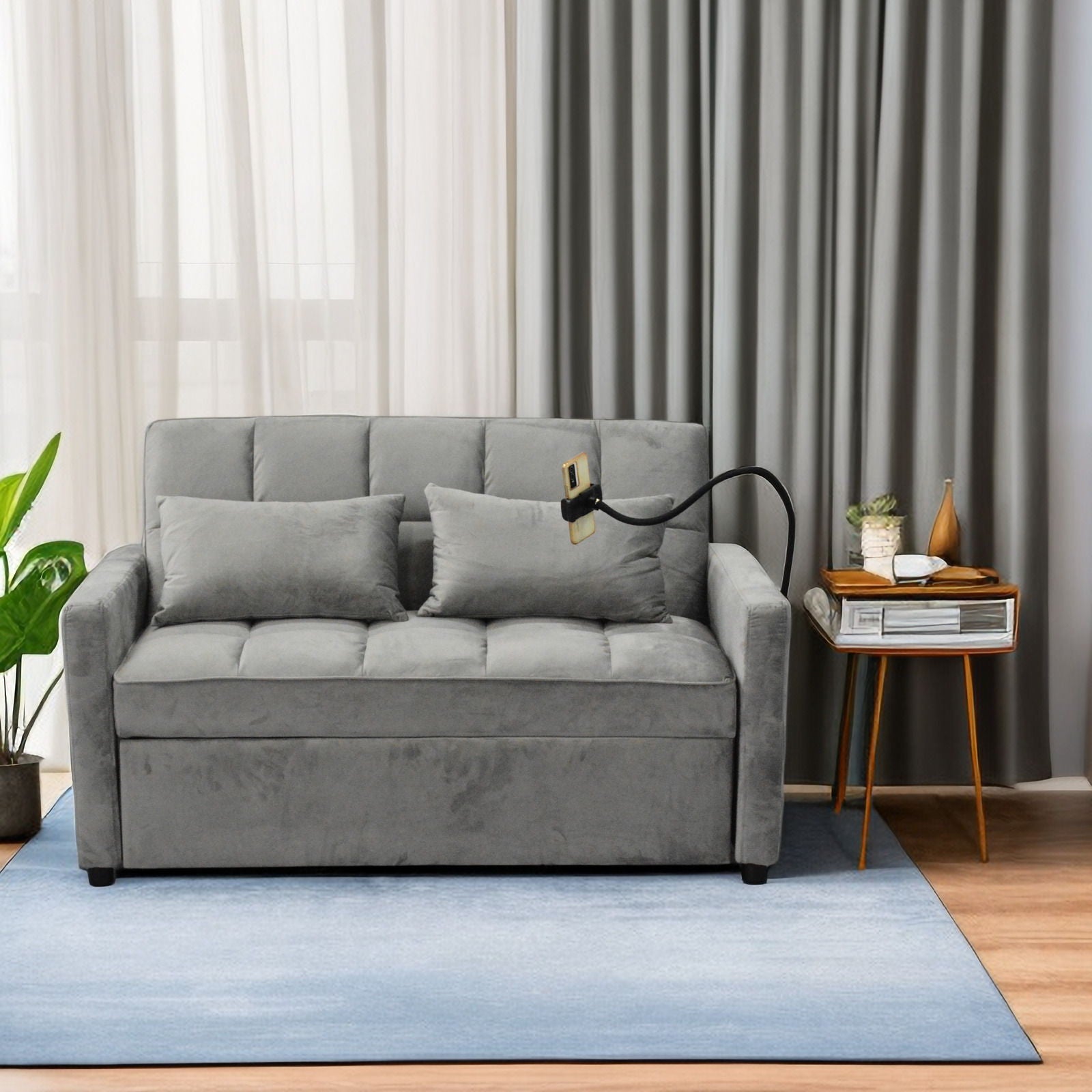 3 In 1 Convertible Sleeper Sofa Bed, Modern Velvet Fabric Futon Sofa Couch Pullout Bed, Adjustable Backrest With Three USB Ports, Two Side Pockets, Two Cup Holders And Swivel Phone Holder - Best Buy Furniture