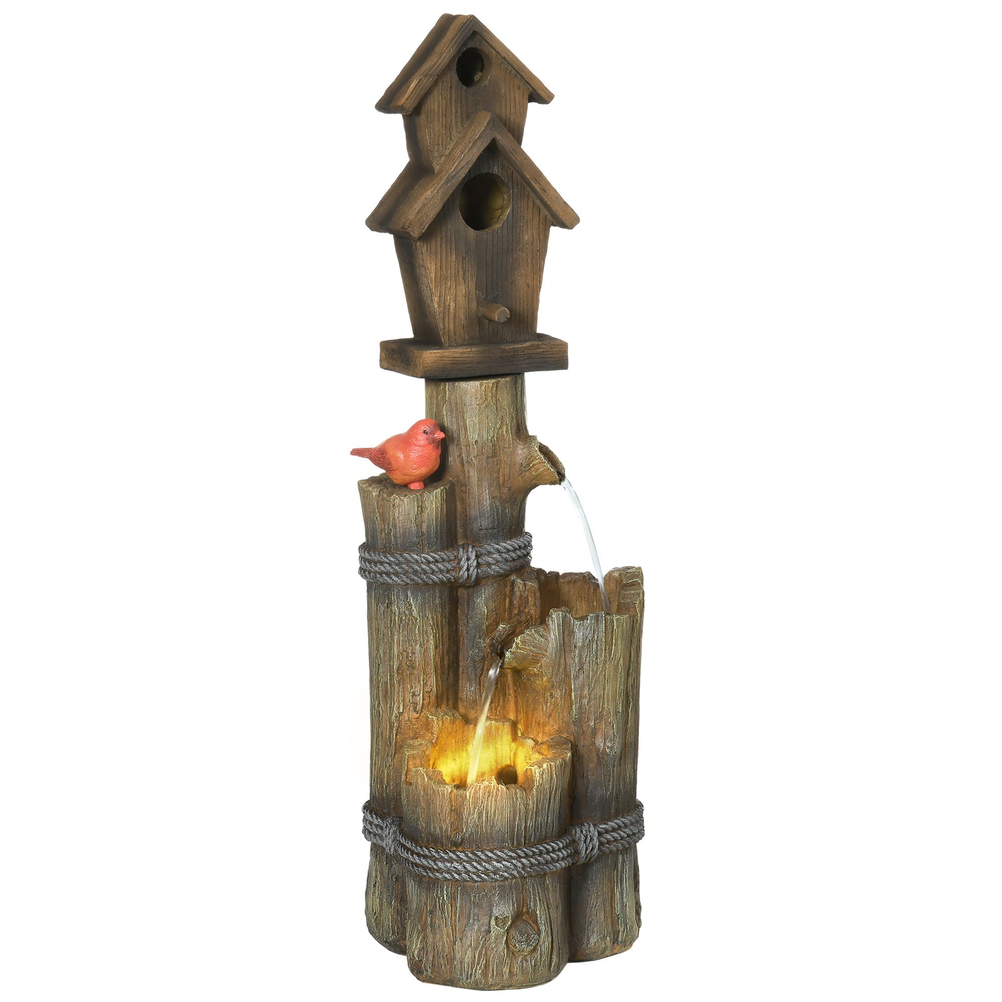 Outsunny - Outdoor Fountain With Birdhouse, Cascading Garden Waterfall Bird Bath With 3 Tier Rustic Tree Trunk / Log Design, LED Lights For Porch, Deck, Yard Decor - Brown - Best Buy Furniture