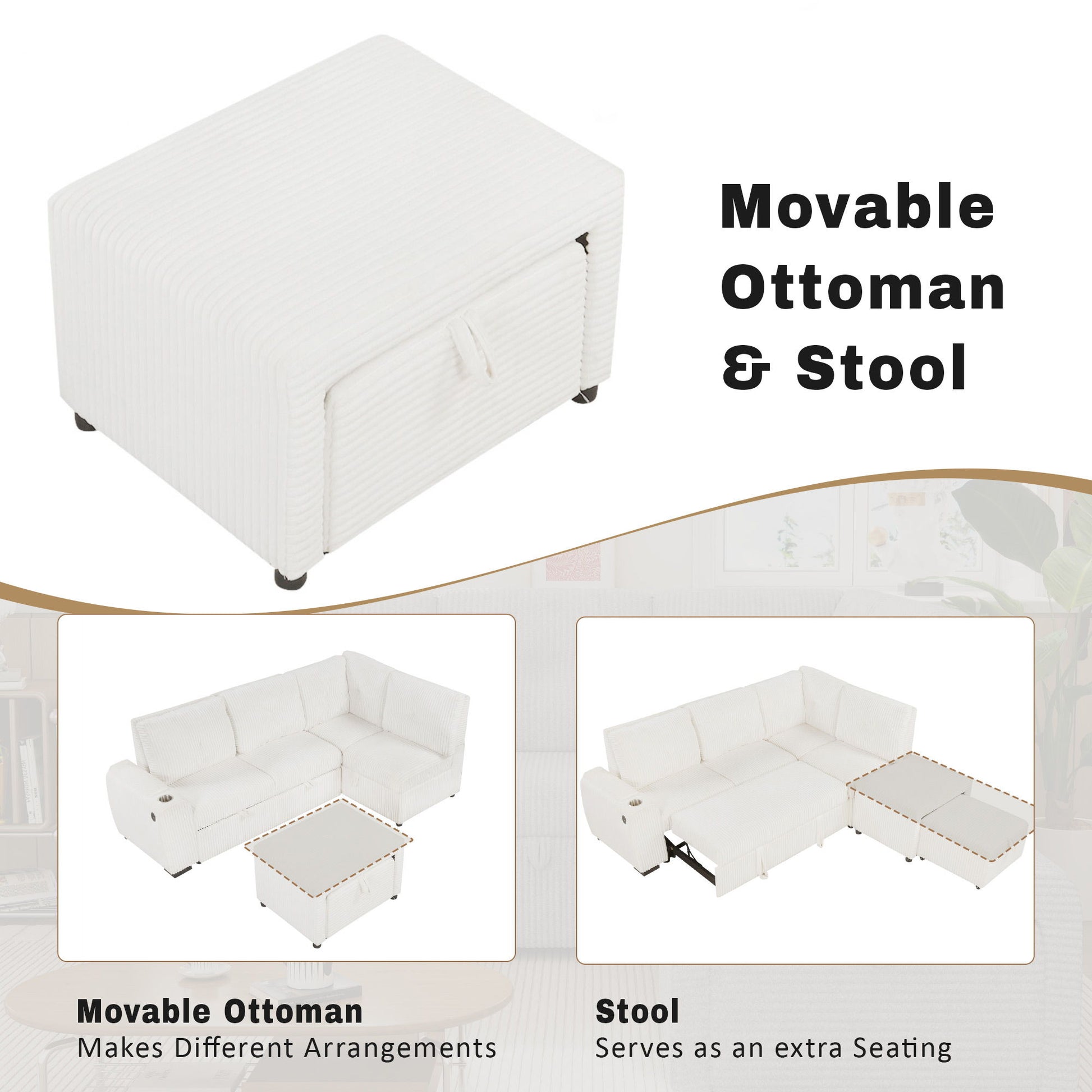 Pull-Out L-Shaped Sectional Sofa With Movable Ottoman And Stool, Large Storage Space, A Cup Holder, And 2 USB Ports For Living Room - Best Buy Furniture