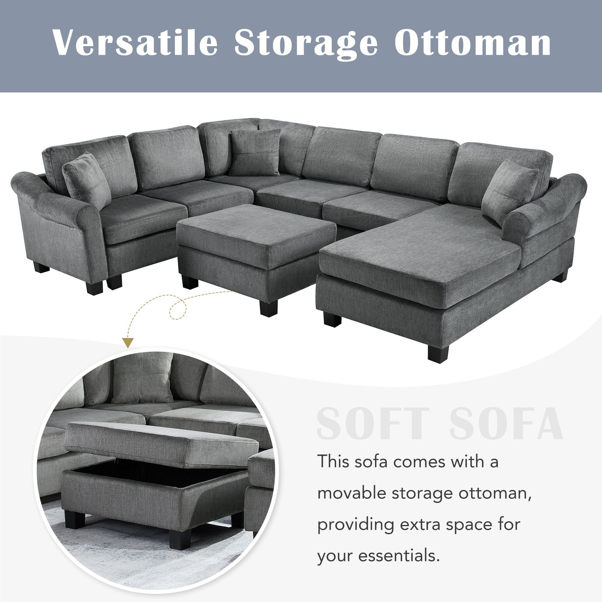 Contemporary U - Shaped Sectional Sofa With Movable Storage Ottoman - Best Buy Furniture