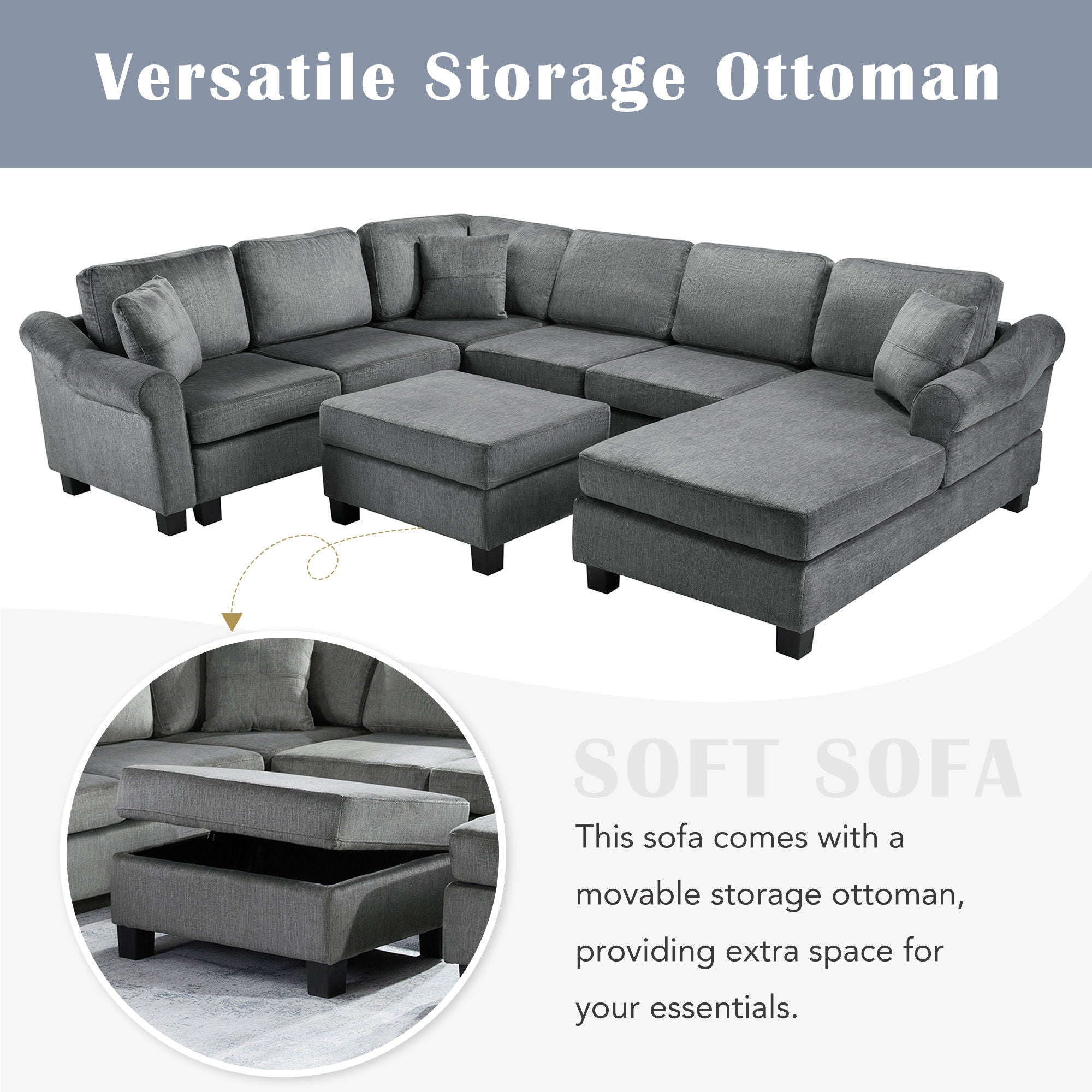 Contemporary U - Shaped Sectional Sofa With Movable Storage Ottoman - Best Buy Furniture