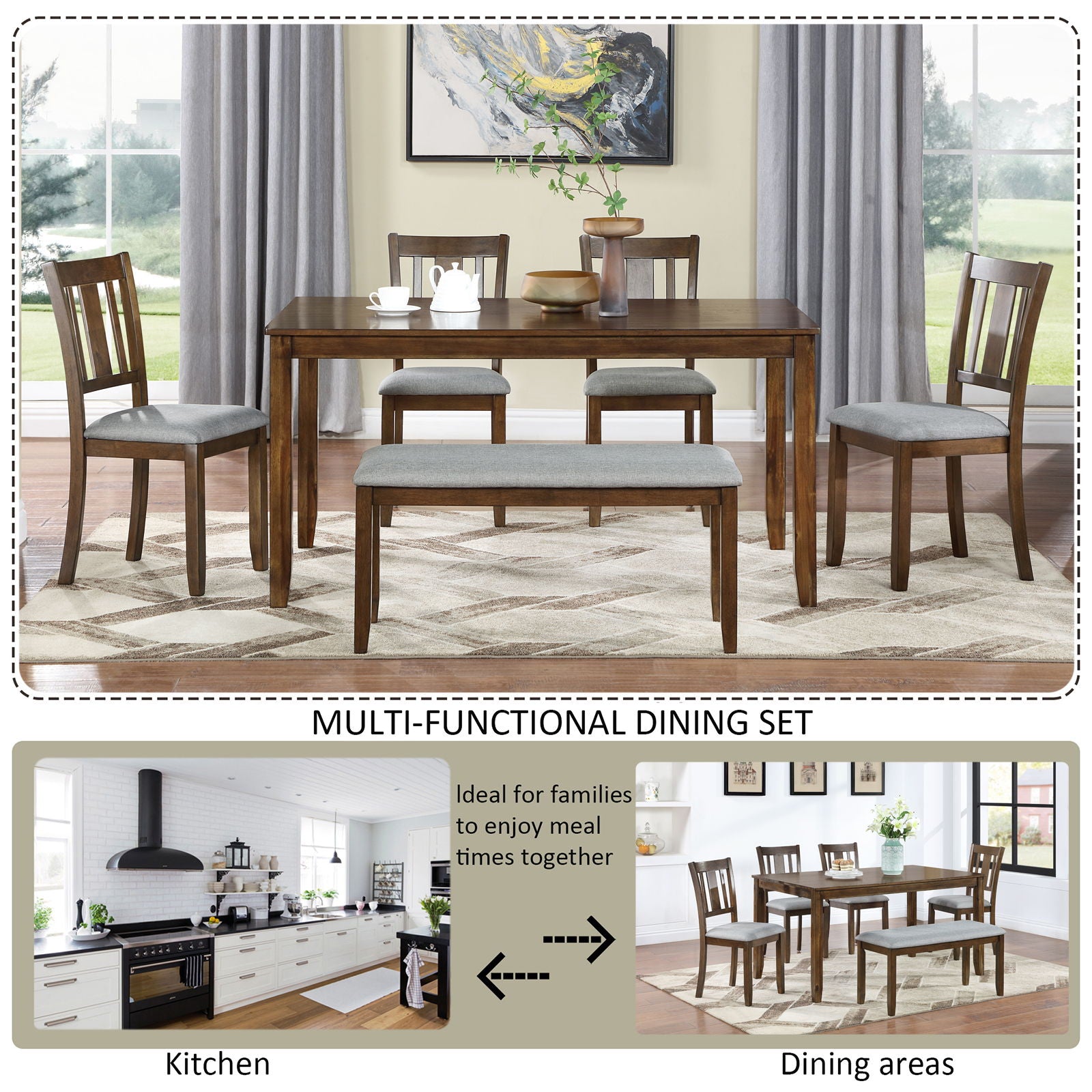 6 Pieces Kitchen Dining Set, Rectangular Wooden Dining Table With 4 Upholstered Chairs And A Bench - Best Buy Furniture