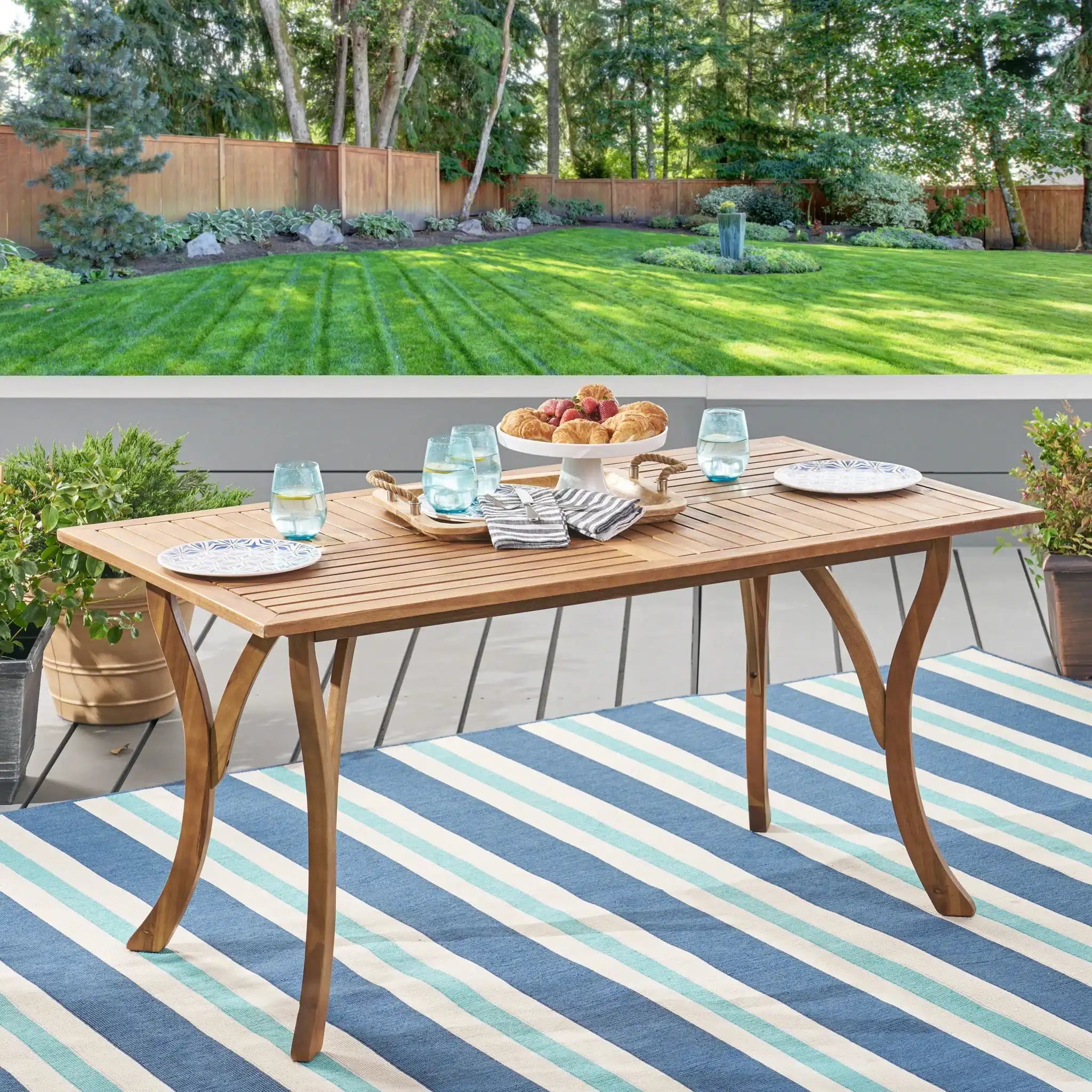 Outdoor Rectangular Table With Curved Legs And Perpendicular Wooden Slats Table Top - Best Buy Furniture