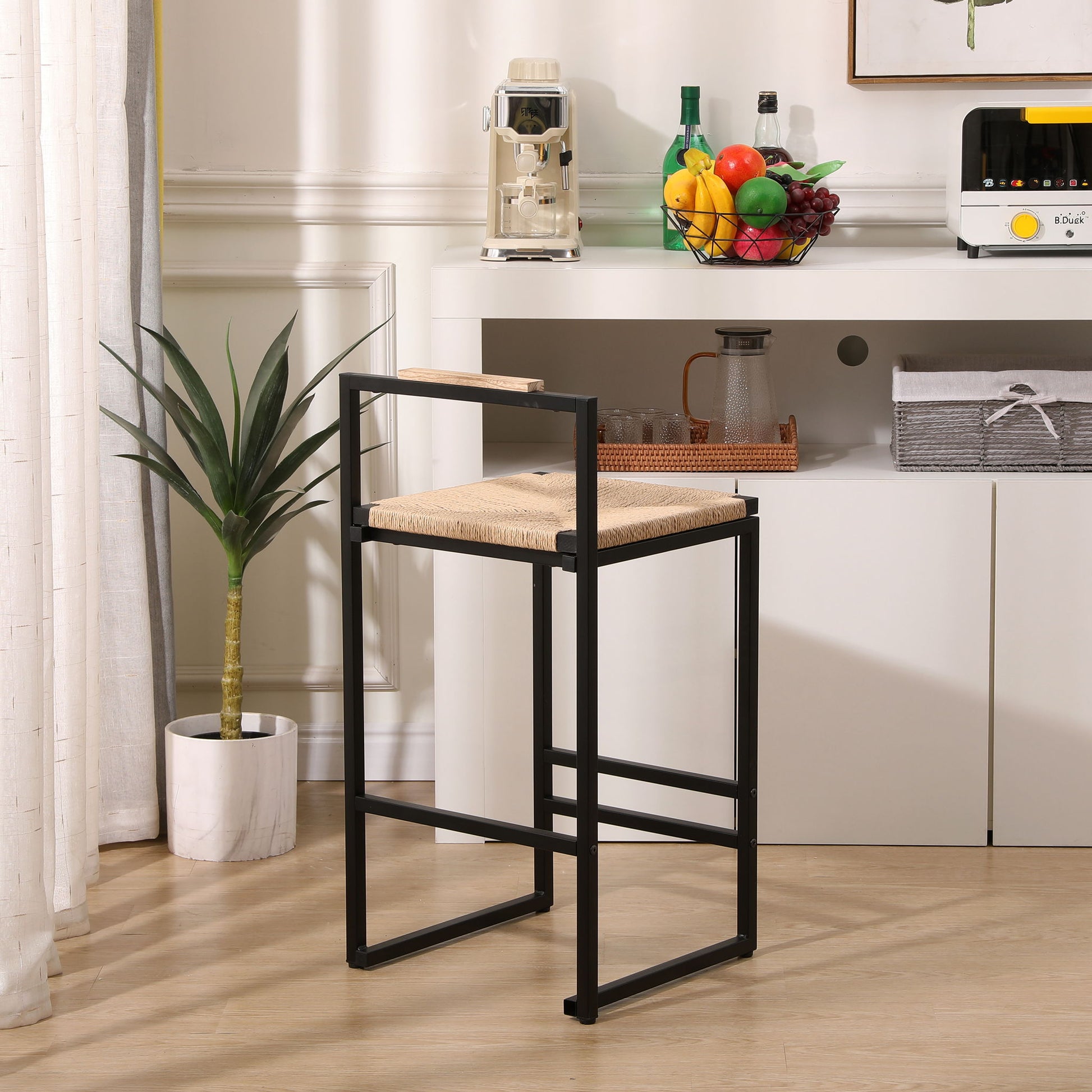 Stylish (Set of 2) Bar Stools With Backrest And Paper Rope Woven Seat, Counter Height Dining Chairs For Kitchen - Natural - Best Buy Furniture