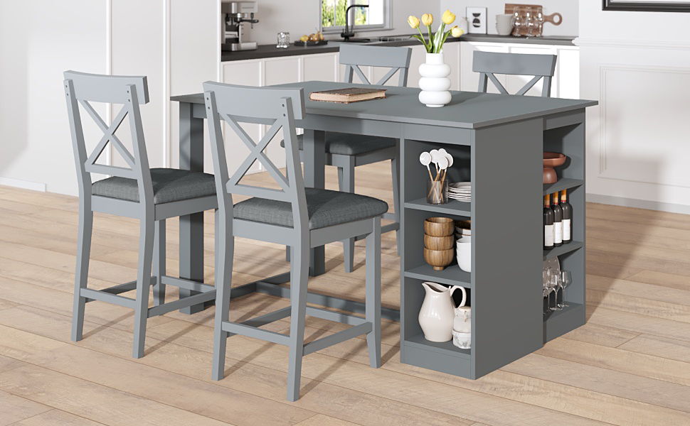 Solid Wood Farmhouse Counter Height Dining Table Set With 3 Tier Storage Shelves - Best Buy Furniture