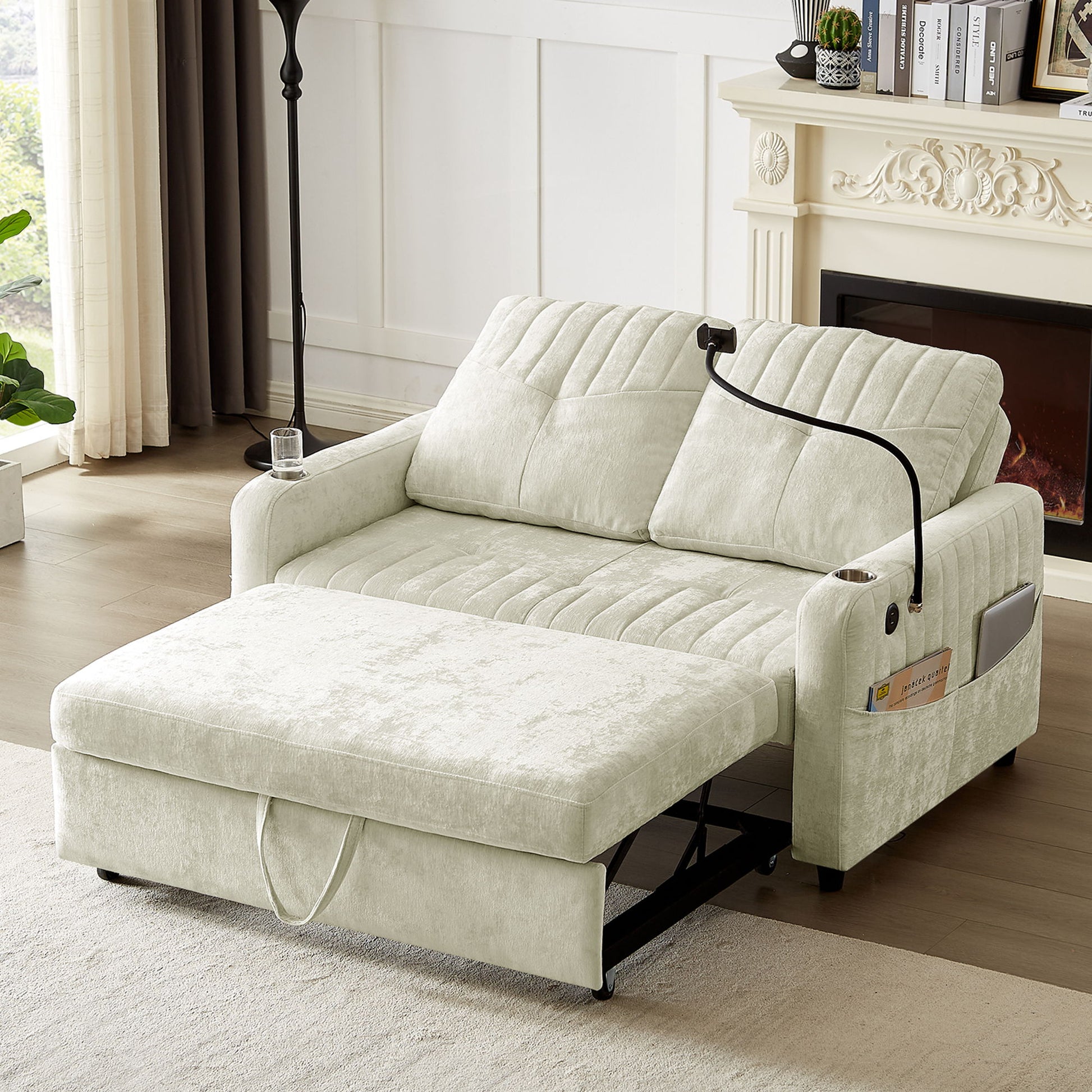 Modern Loveseat Pull Out Sofa Bed With Adjustable Backrest, Two Cup Holders, A Phone Holder, Three Charging Ports And Side Storage Pockets For Living Room - Best Buy Furniture