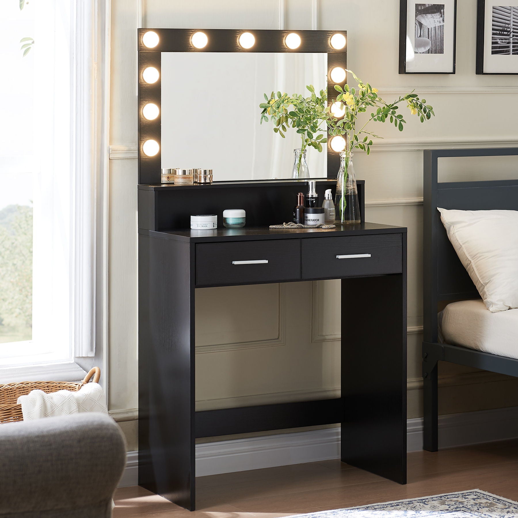 Vanity Desk With Mirror And Lights, Dressing Table With Large Drawer, 2 Level Storage Dresser & 3 Lighting Modes Adjustable Brightness, Suitable For Bedroom - Best Buy Furniture