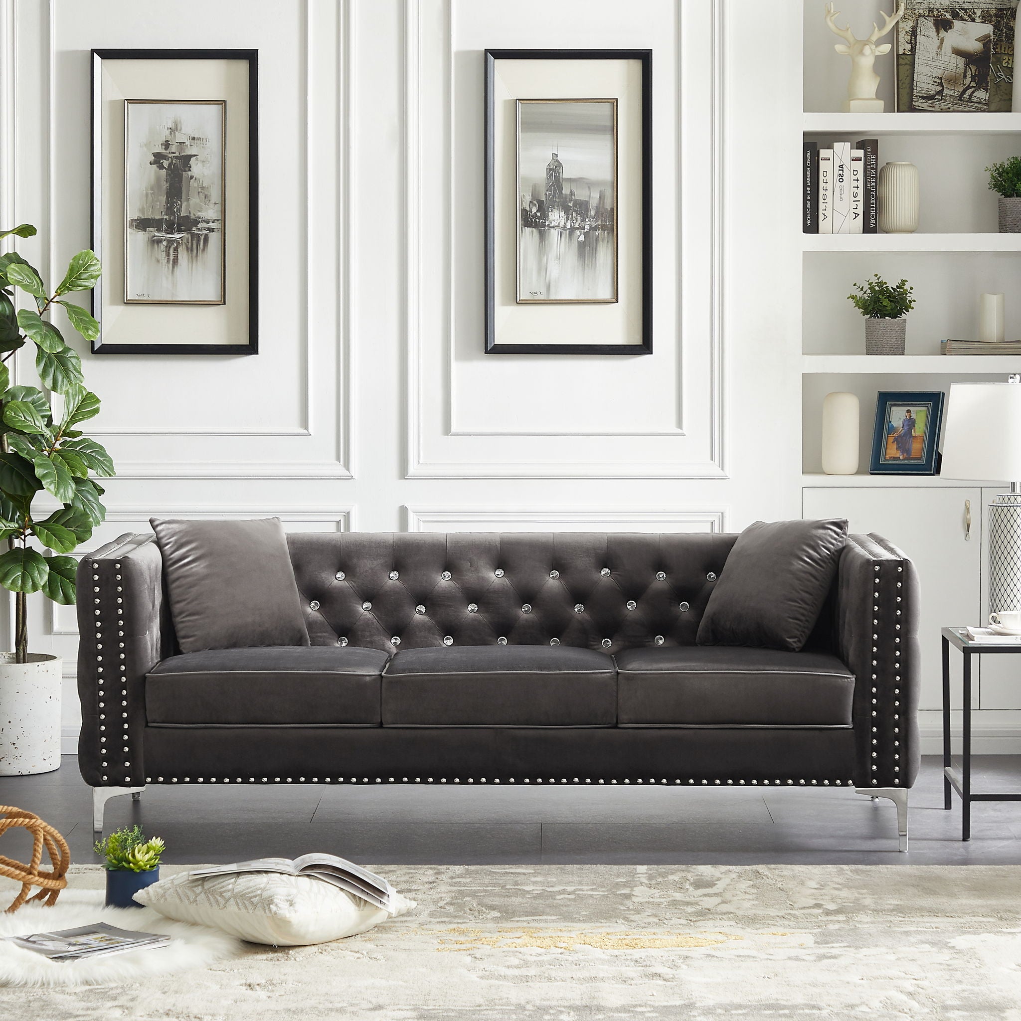 Modern Sofa Jeweled Buttons Tufted Square Arm Couch, 2 Pillows Included - Best Buy Furniture