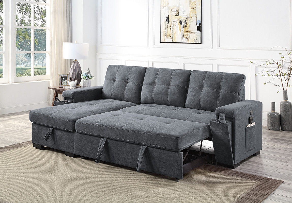 Toby - Woven Fabric Reversible Sleeper Sectional Sofa With Storage Chaise Cup Holder Charging Ports And Pockets - Best Buy Furniture