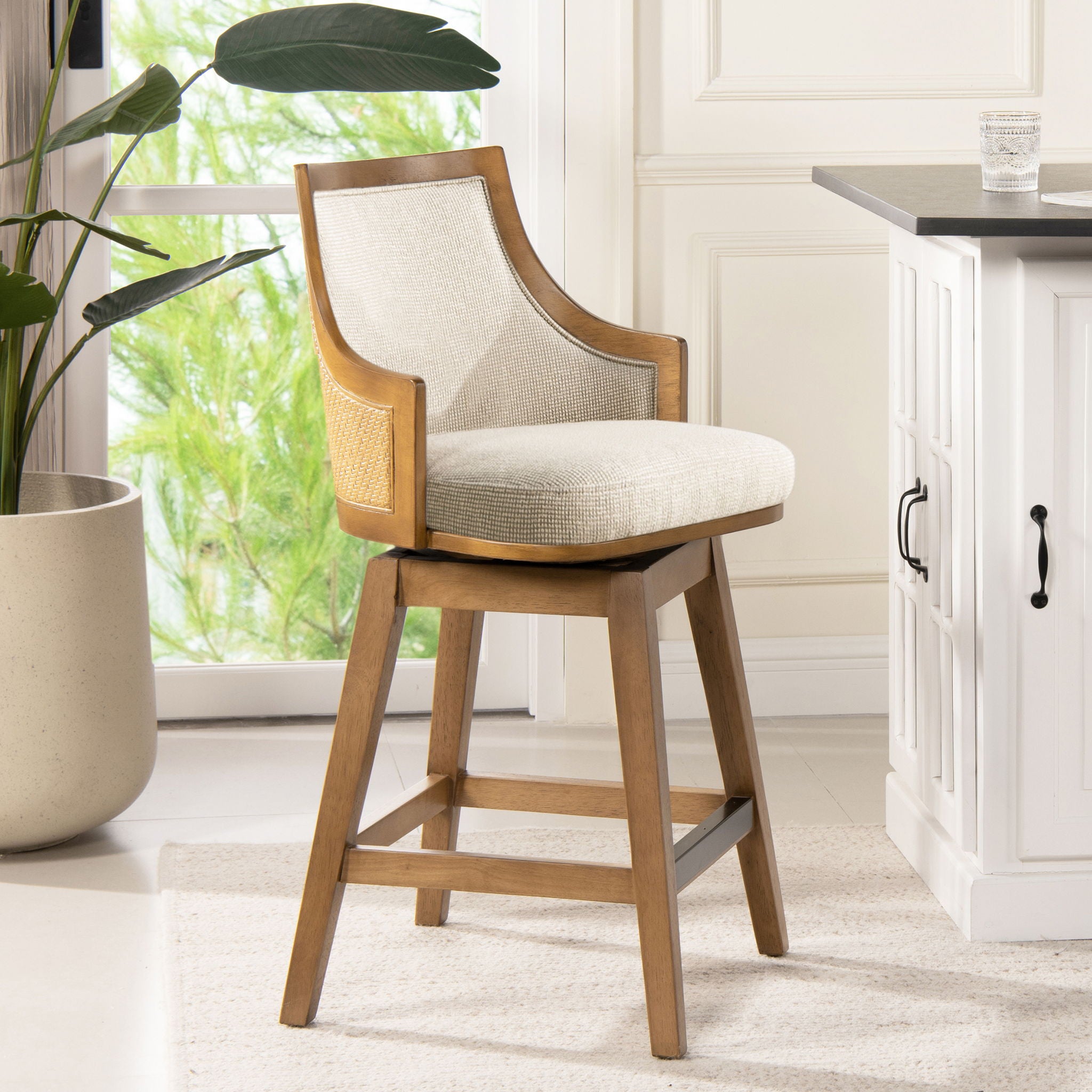 Bahama - Cane High Back Swivel Counter Stool With Recessed Arms Textured Weave - Taupe Beige - Best Buy Furniture