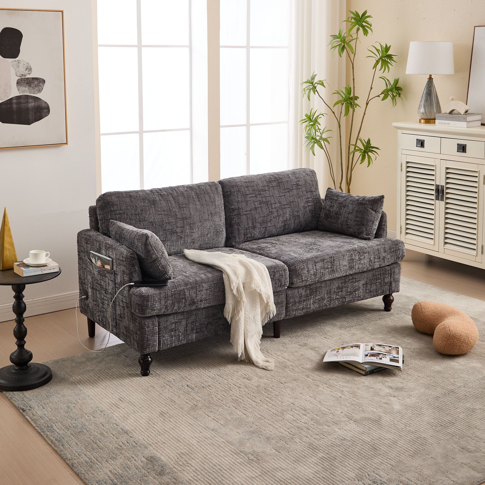 Chenille 2 Seater Sofa With LED Light, USB Charging Port, And Storage Bag - Best Buy Furniture