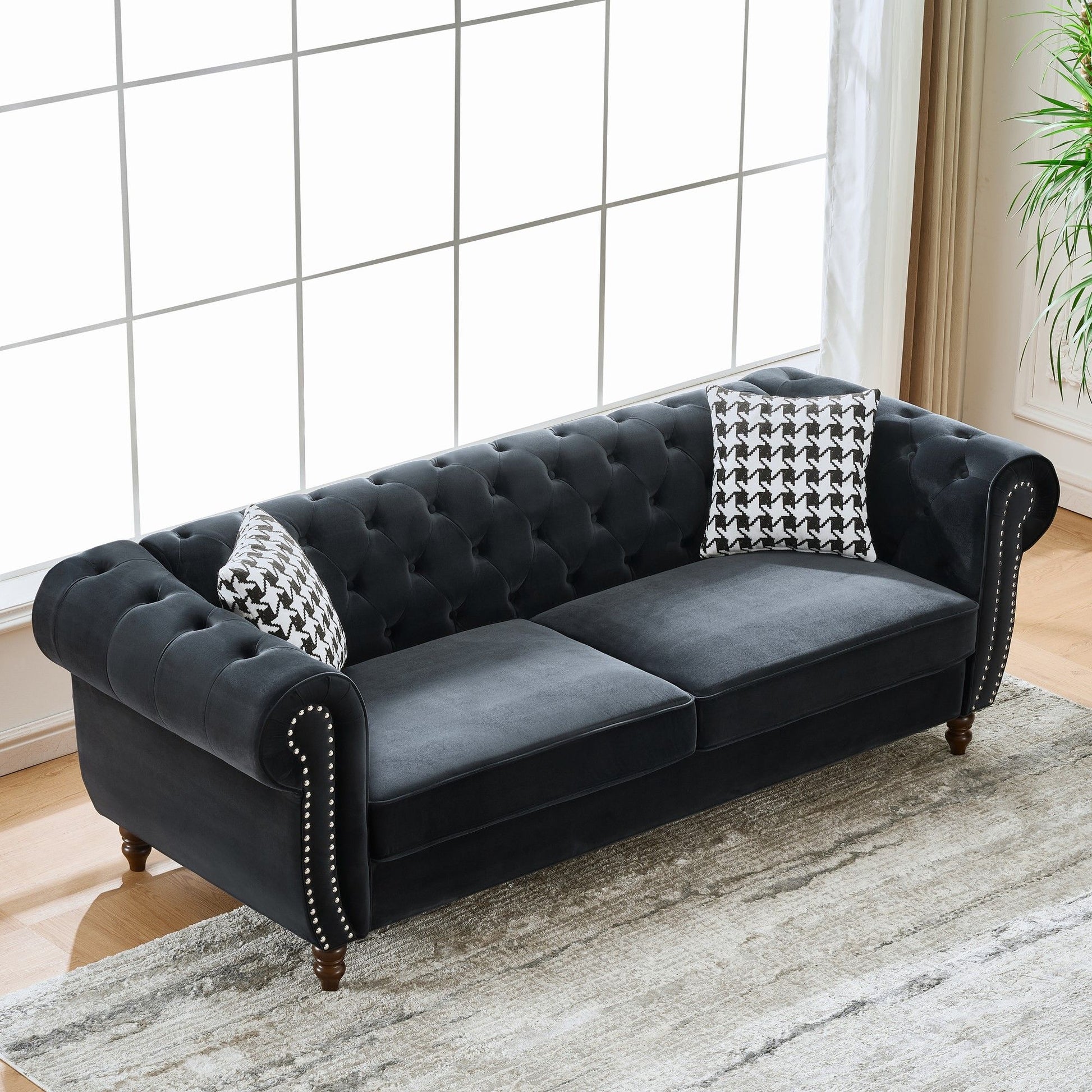 Chesterfield Velvet Upholstery Fabric Sofa With Roll Armrest & Nailhead, Mid Century Modern 3 And 3 Seater Couch - Best Buy Furniture