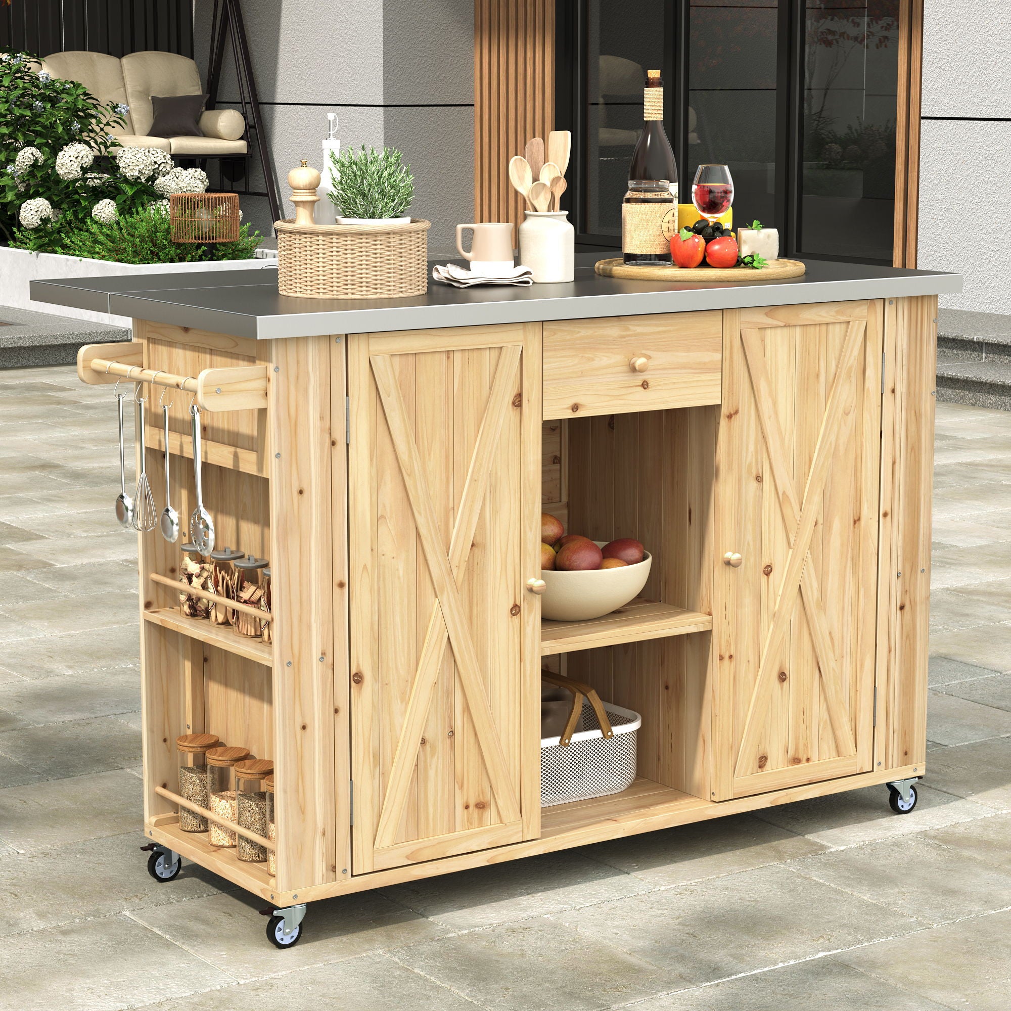 Outdoor Kitchen Island With Stainless Steel Top, Ample Storage Space, Towel And Spice Racks And A Bottle Opener - Best Buy Furniture