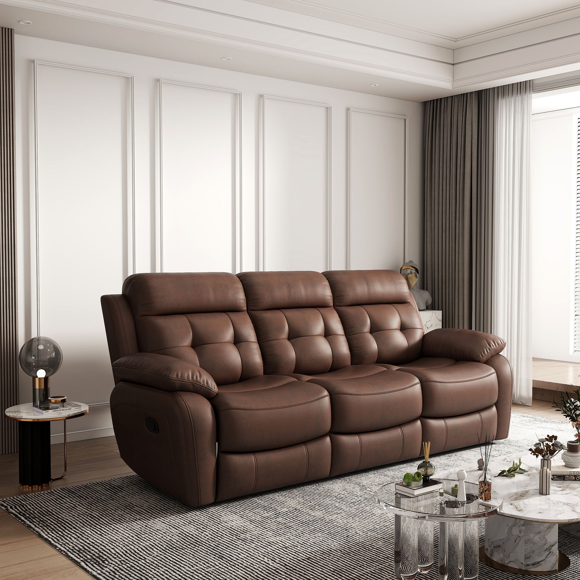Genuine Leather Non Power Reclining Sofa With Drop Down Table, Stainless Steel Cupholders And Magazine Bag - Best Buy Furniture