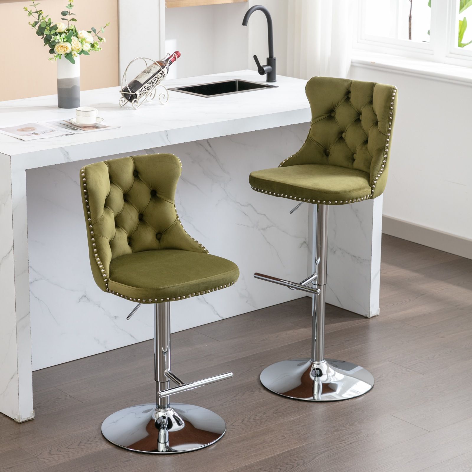 Swivel Velvet Barstools Adjusatble Seat Height From 25-33", Modern Upholstered Chrome Base Bar Stools With Backs Comfortable Tufted For Home Pub And Kitchen Island (Set of 2) - Best Buy Furniture