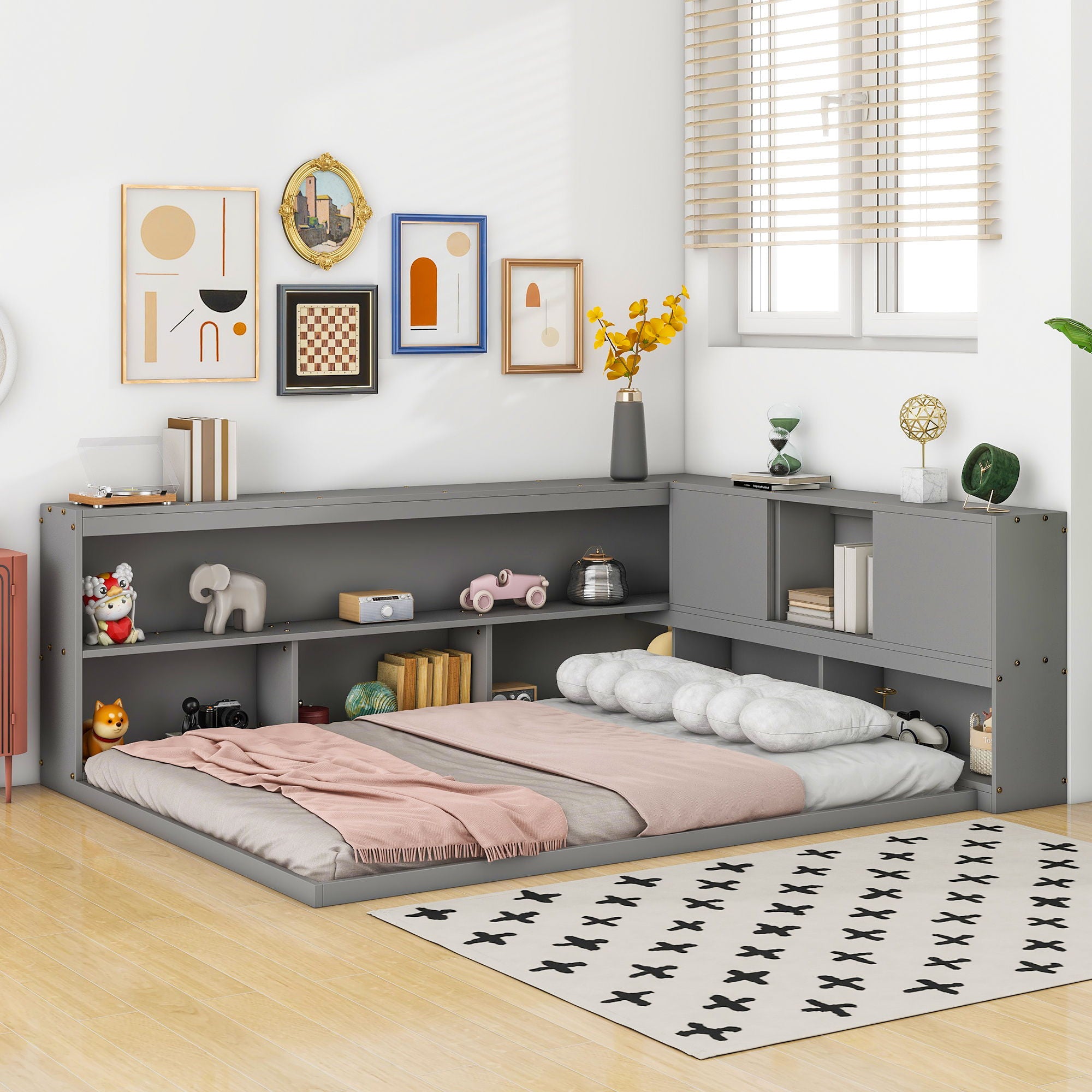 Floor Bed With L-Shaped Bookcases, Sliding Doors, Without Slats - Best Buy Furniture