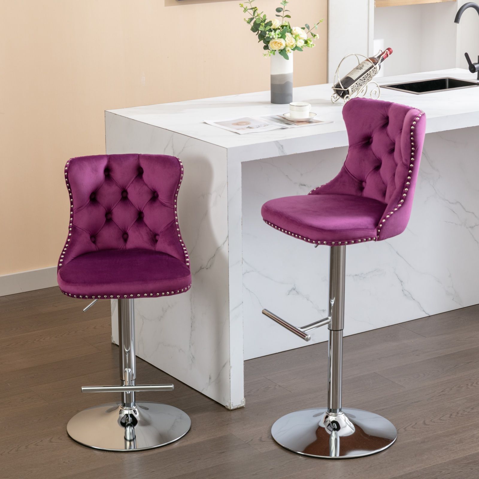 Swivel Velvet Barstools Adjusatble Seat Height From 25-33", Modern Upholstered Chrome Base Bar Stools With Backs Comfortable Tufted For Home Pub And Kitchen Island (Set of 2) - Best Buy Furniture