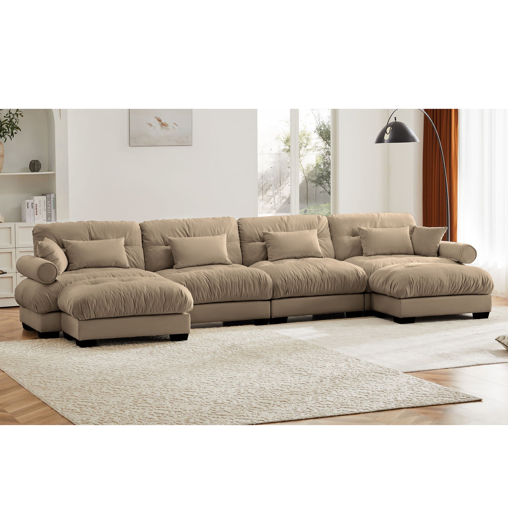 Modern Sectional Sofa With Ottoman, Round Bolster Armrests, Waist And Throw Pillows - Best Buy Furniture
