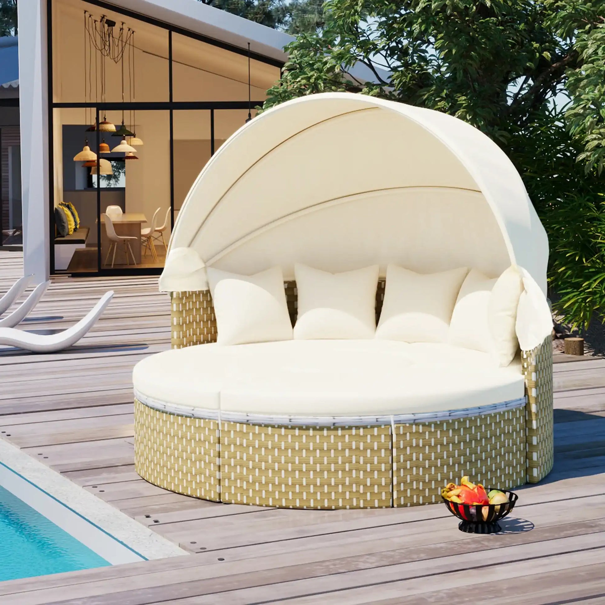 TOPMAX Round Outdoor Sectional Sofa Set Rattan Daybed - Best Buy Furniture