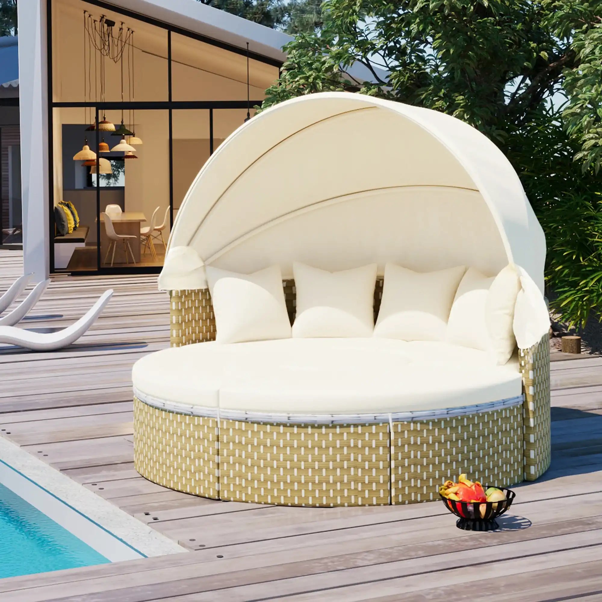 TOPMAX Round Outdoor Sectional Sofa Set Rattan Daybed - Best Buy Furniture