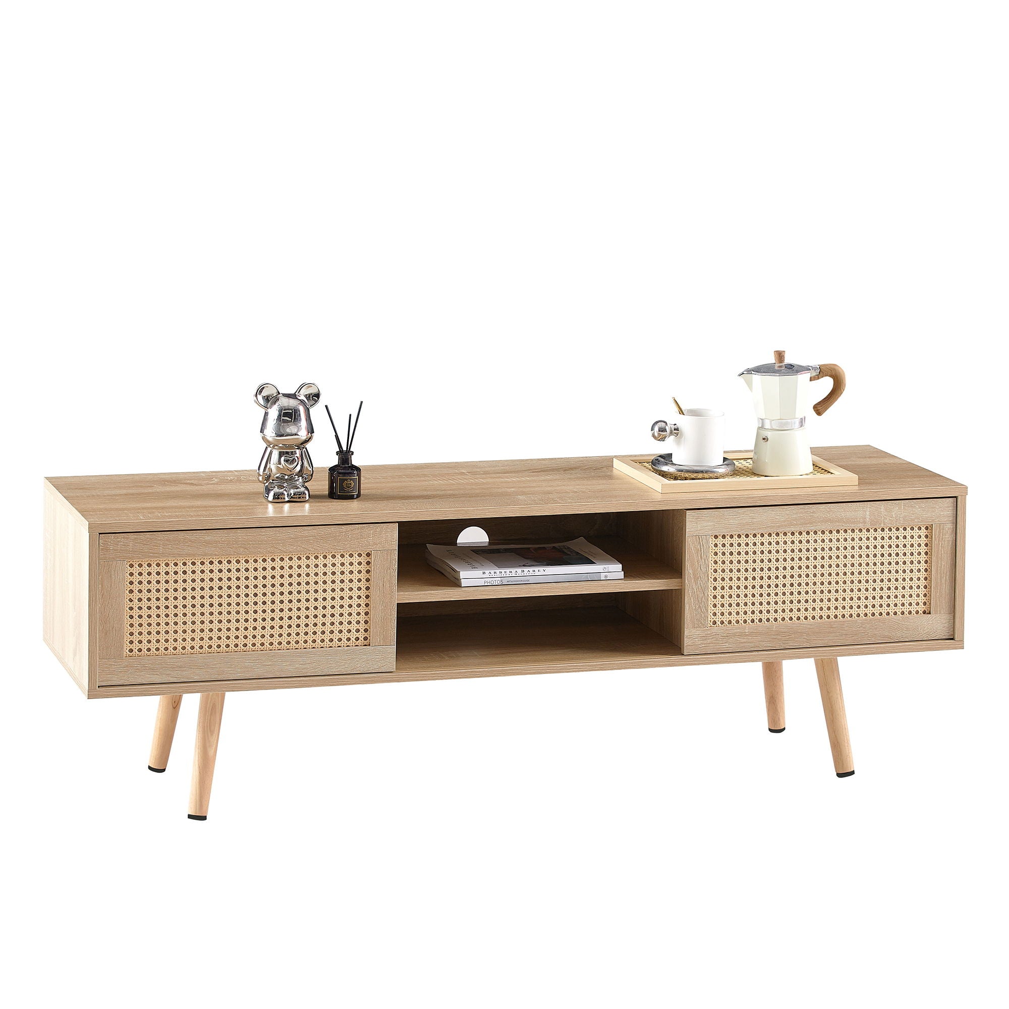55.12" Rattan TV Cabinet, Double Sliding Doors For Storage, Adjustable Shelf, Solid Wood Legs, TV Console For Living Room - Best Buy Furniture