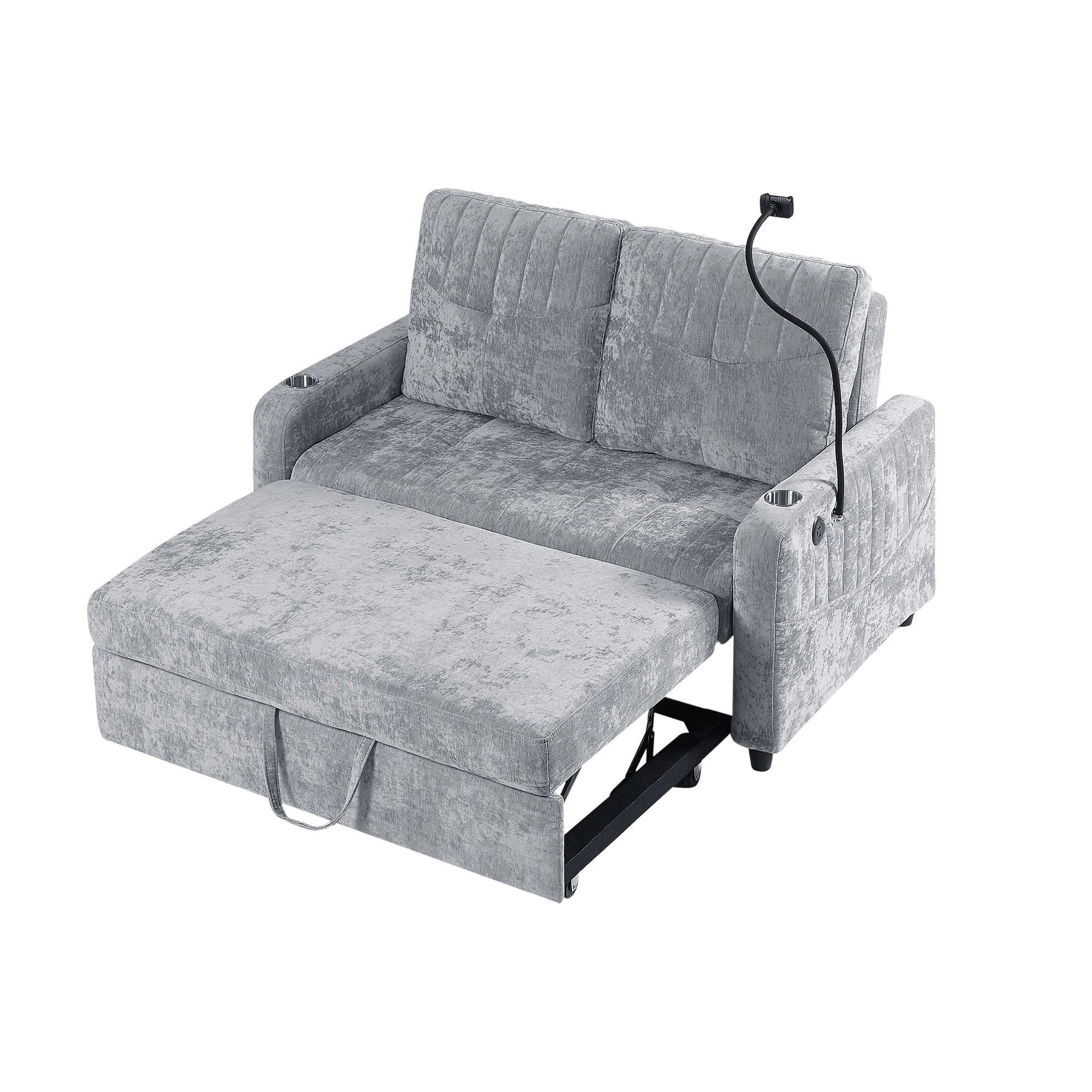 Modern Loveseat Pull Out Sofa Bed With Adjustable Backrest, Two Cup Holders, A Phone Holder, Three Charging Ports And Side Storage Pockets For Living Room - Best Buy Furniture
