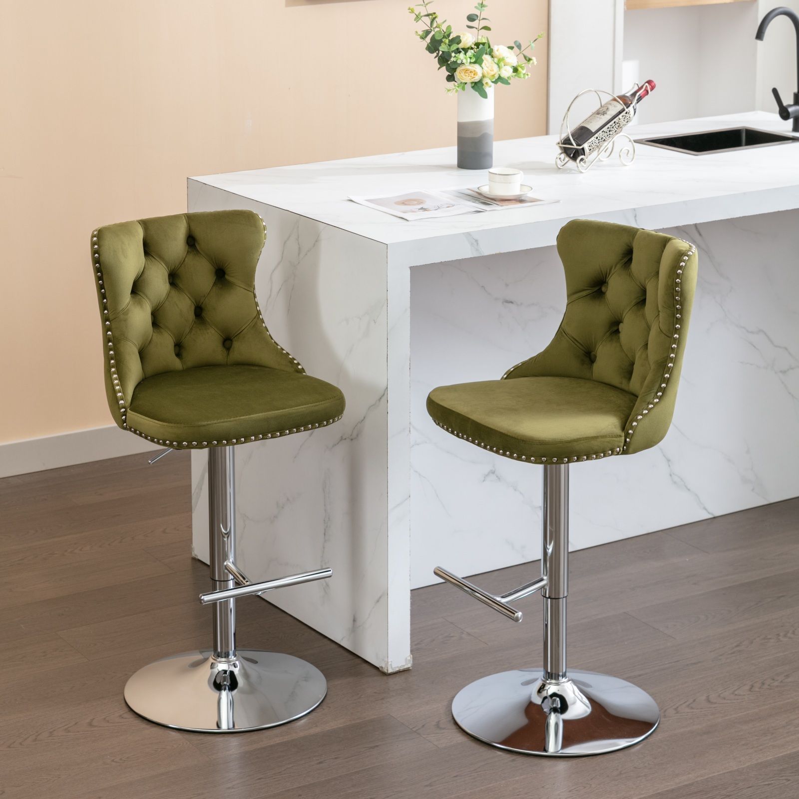 Swivel Velvet Barstools Adjusatble Seat Height From 25-33", Modern Upholstered Chrome Base Bar Stools With Backs Comfortable Tufted For Home Pub And Kitchen Island (Set of 2) - Best Buy Furniture