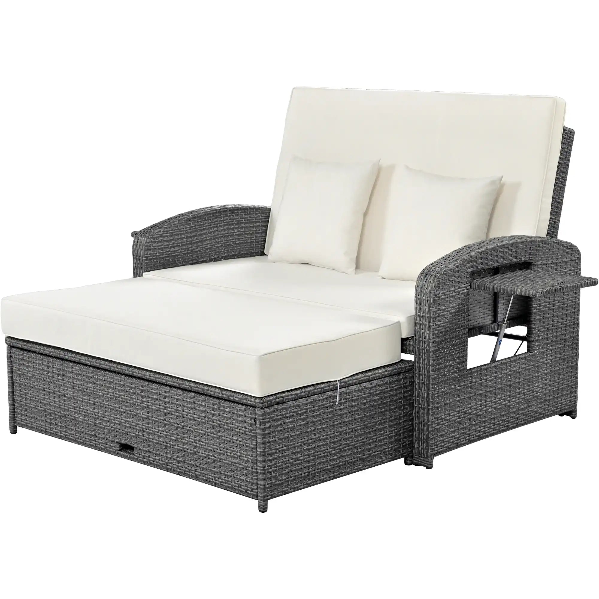 SunNest Wicker Rattan Double Chaise Lounge, 2-Person Reclining Daybed with Adjustable Back and Cushions - Best Buy Furniture
