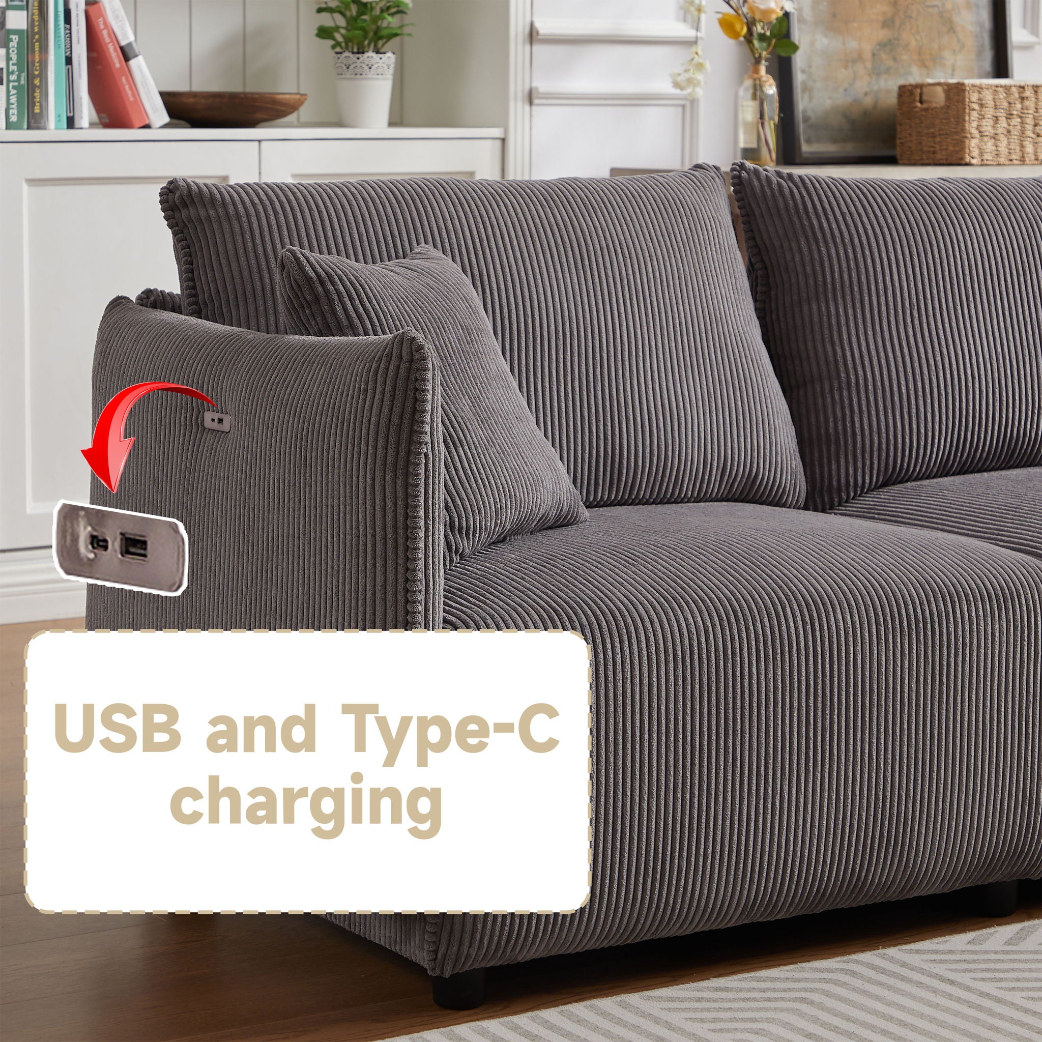 Modern Minimalist Corduroy Combination Sofa With 2 Comfort Cushions With USB & C Charging Ports - Best Buy Furniture