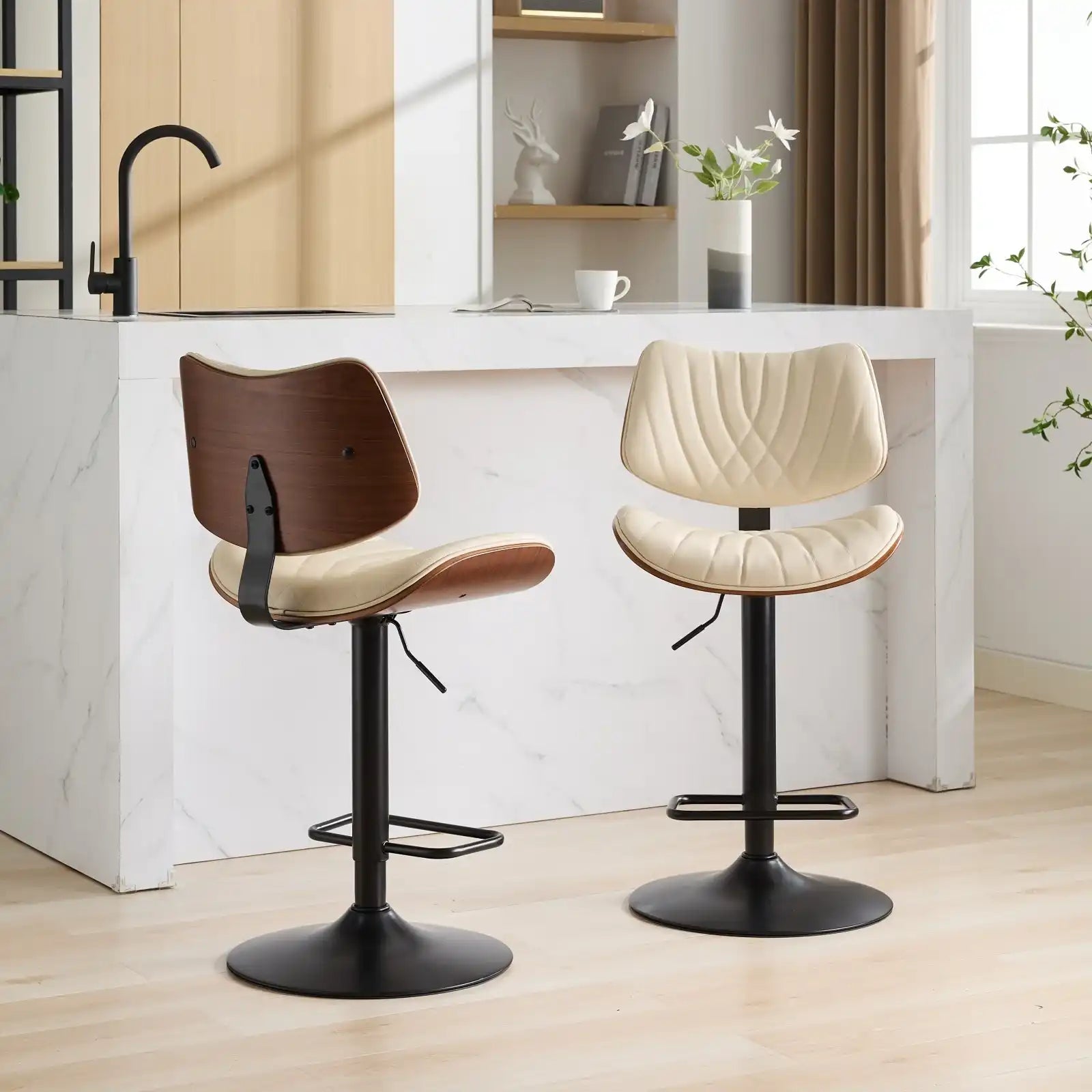Mid Century Modern Walnut Bar Stool, Adjustable Black Leather Swivel Chair, Beige - Best Buy Furniture