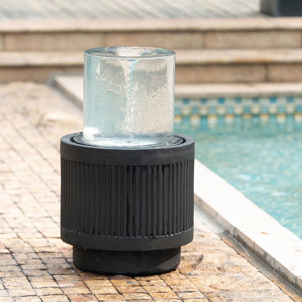 Heavy Cement Round Ribbed Outdoor Water Fountain With Light - Black White - Best Buy Furniture