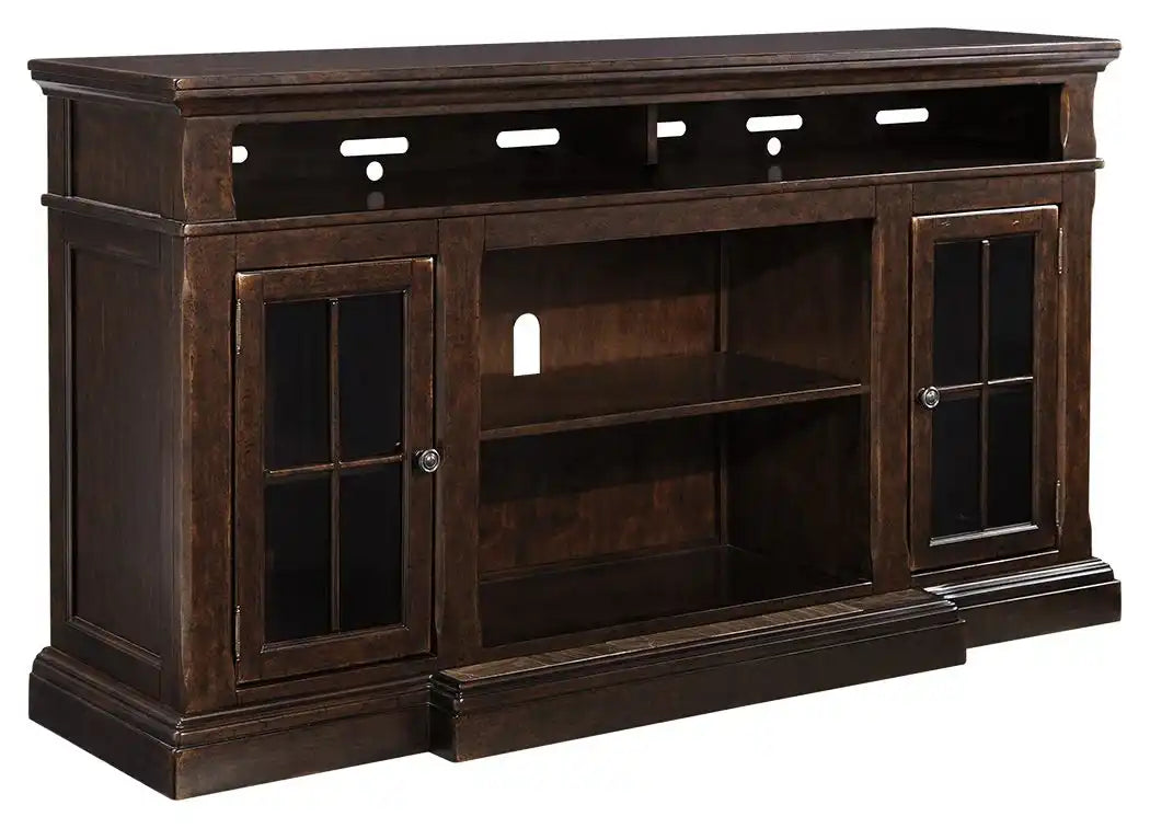Roddinton - XL TV Stand w/Fireplace Option - Dark Brown - Best Buy Furniture
