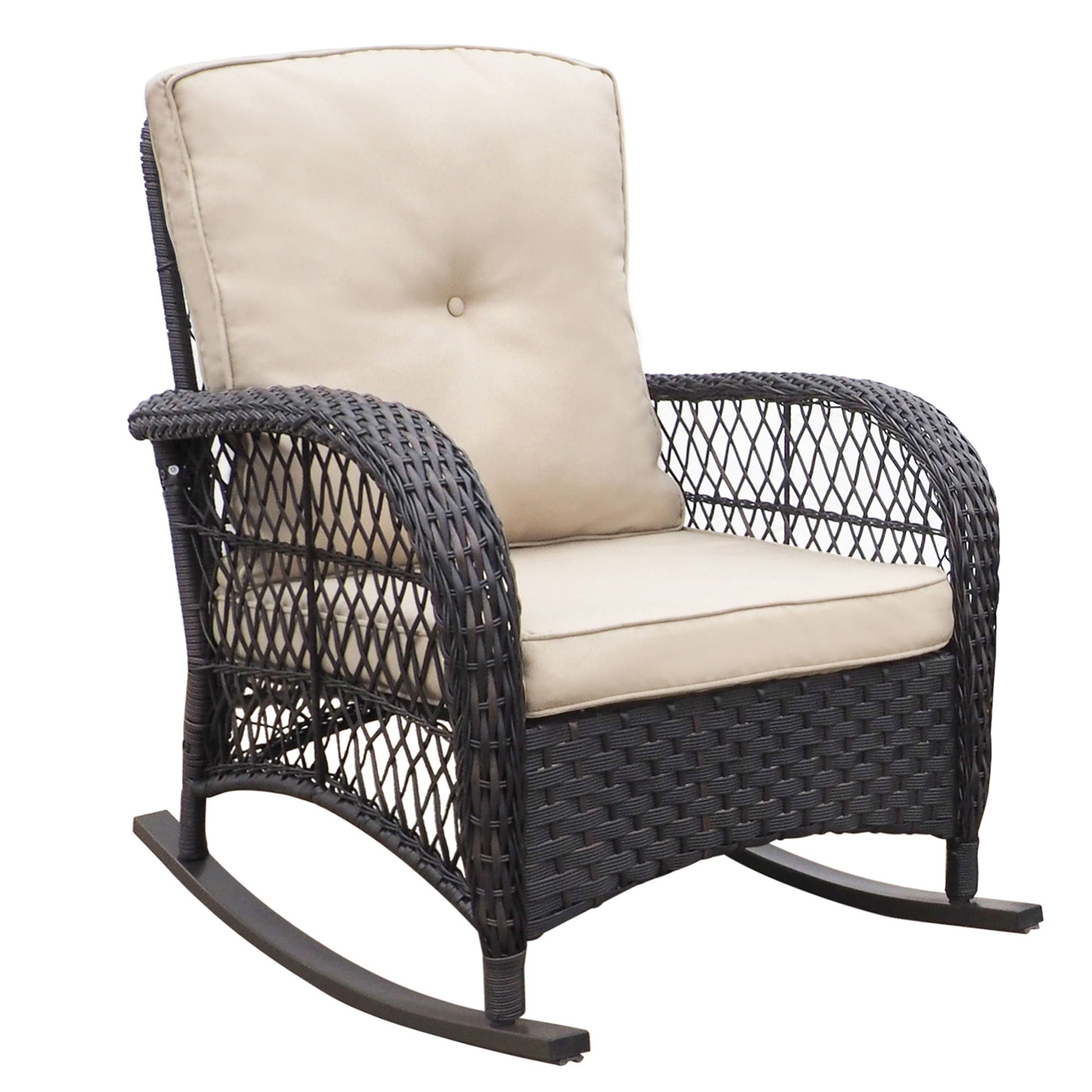 3 Pieces Conversation Set, Outdoor Wicker Rocker Patio Bistro Set, Rocking Chair With Glass Top Side Table - Brown / Beige - Best Buy Furniture