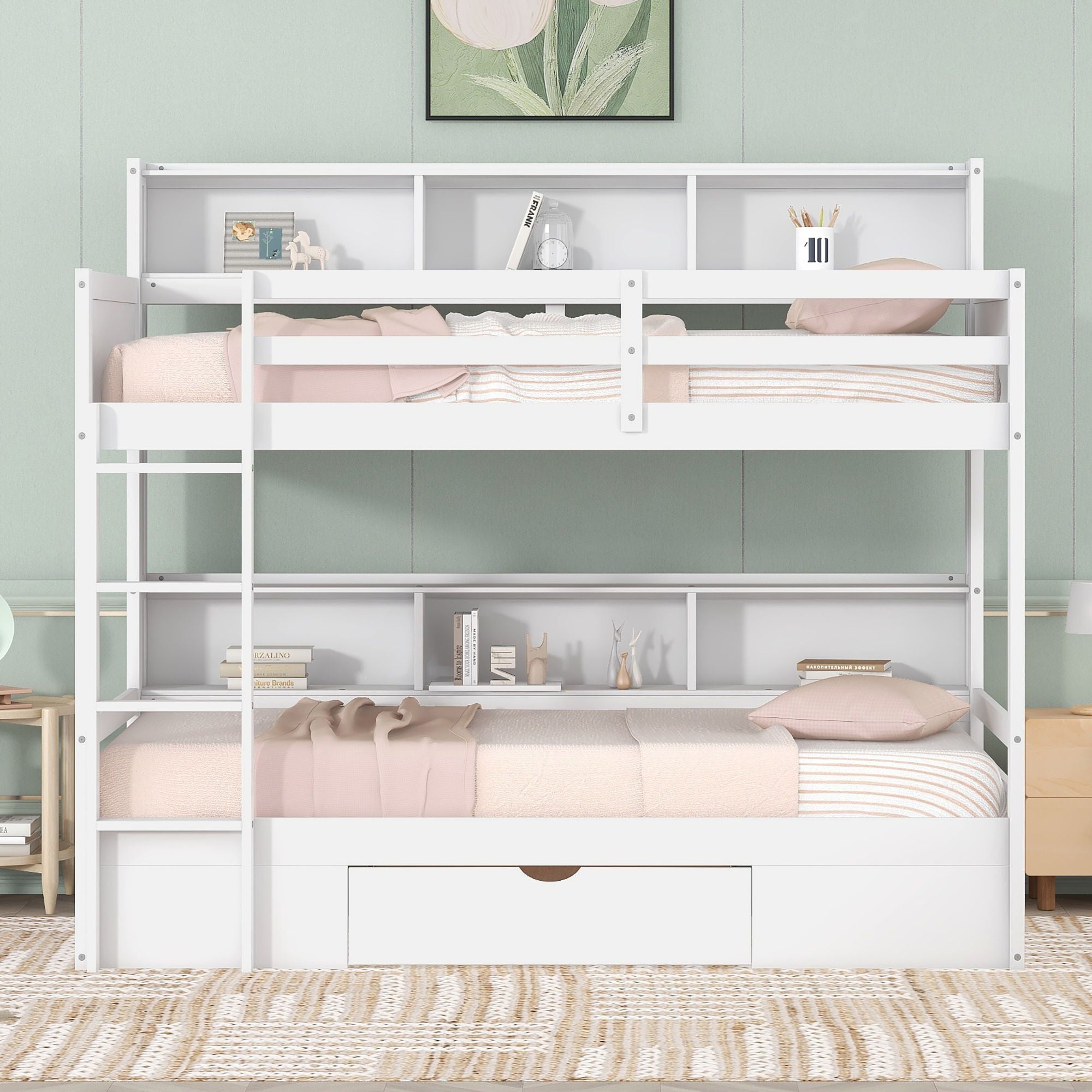 Twin Size Bunk Bed With Built-In Shelves Beside Both Upper And Down Bed And Storage Drawer - Best Buy Furniture
