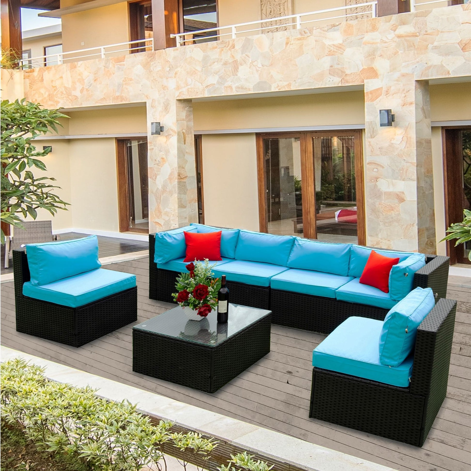 5 Pieces Rattan Sectional Outdoor Furniture Cushioned U Sof Set With 2 Pillow - Black / Blue - Best Buy Furniture