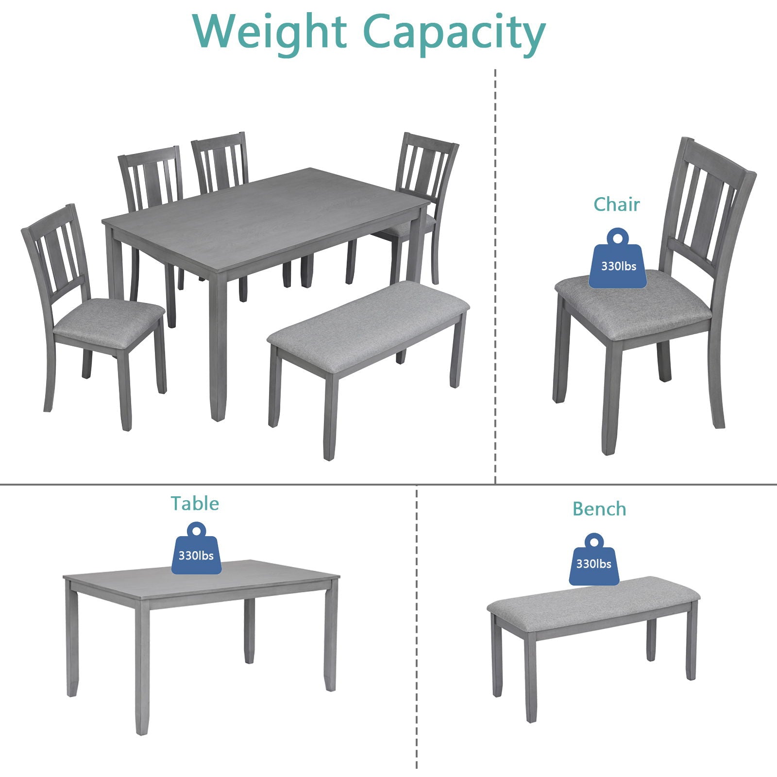 6 Pieces Kitchen Dining Set, Rectangular Wooden Dining Table With 4 Upholstered Chairs And A Bench - Best Buy Furniture