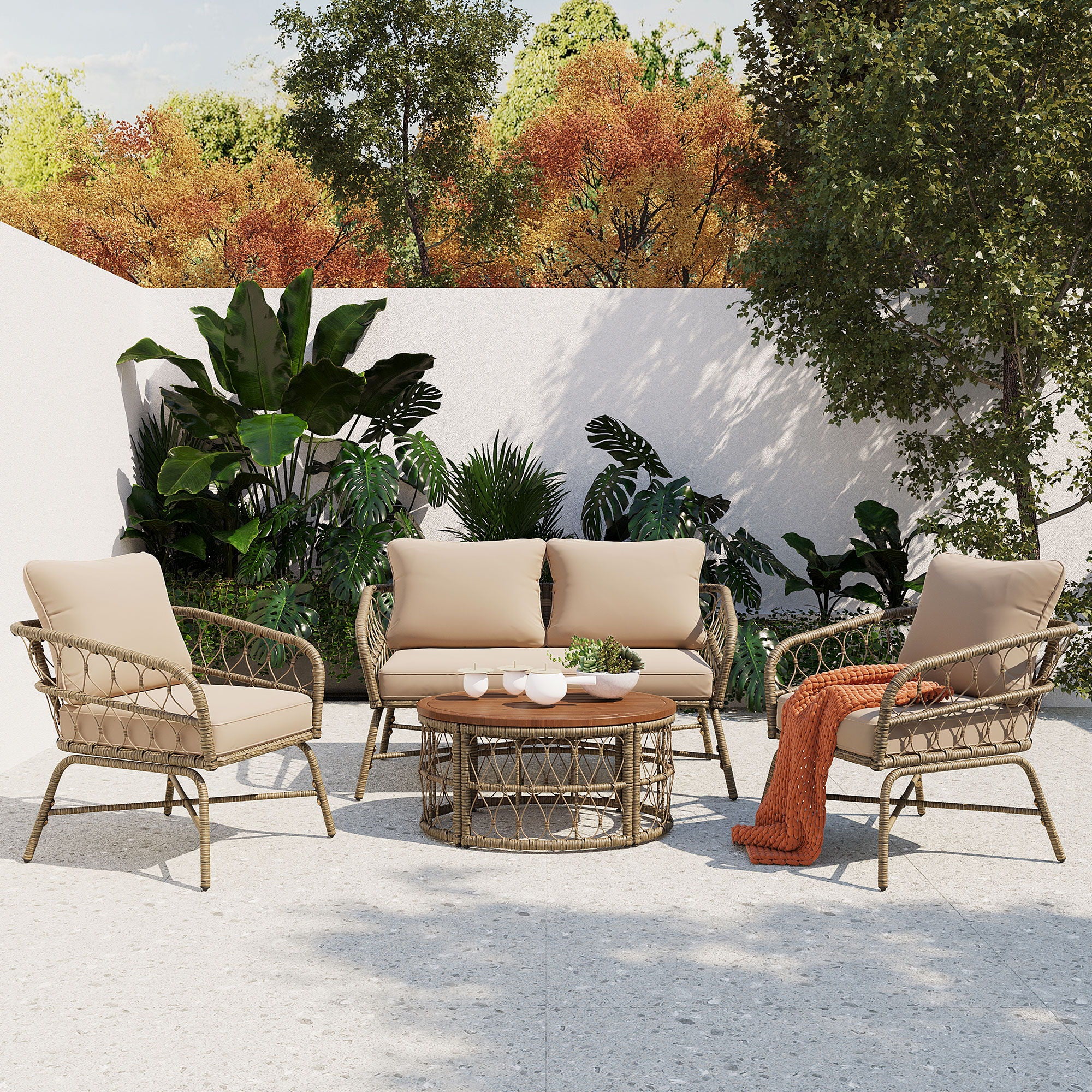 Bohemia-Inspired 4 Person Outdoor Seating Group With Removable Cushions, Conversation Patio Set With Wood Tabletop - Beige - Best Buy Furniture