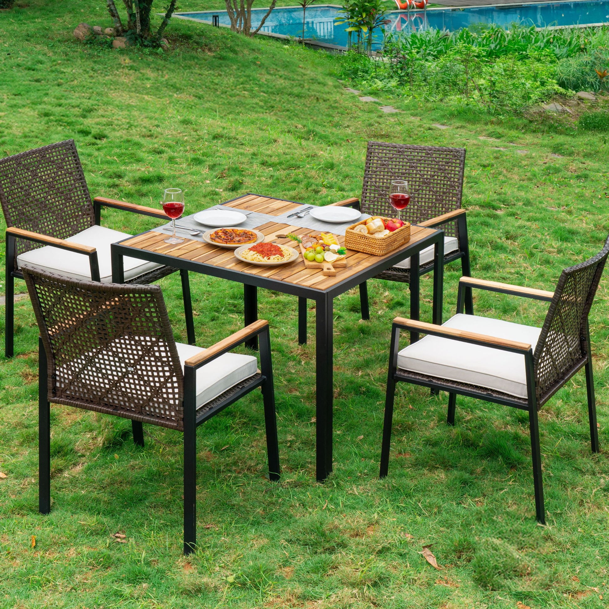 5 Piece Patio Dining Table Set, Acacia Wood Table Top With Umbrella Hole - Best Buy Furniture