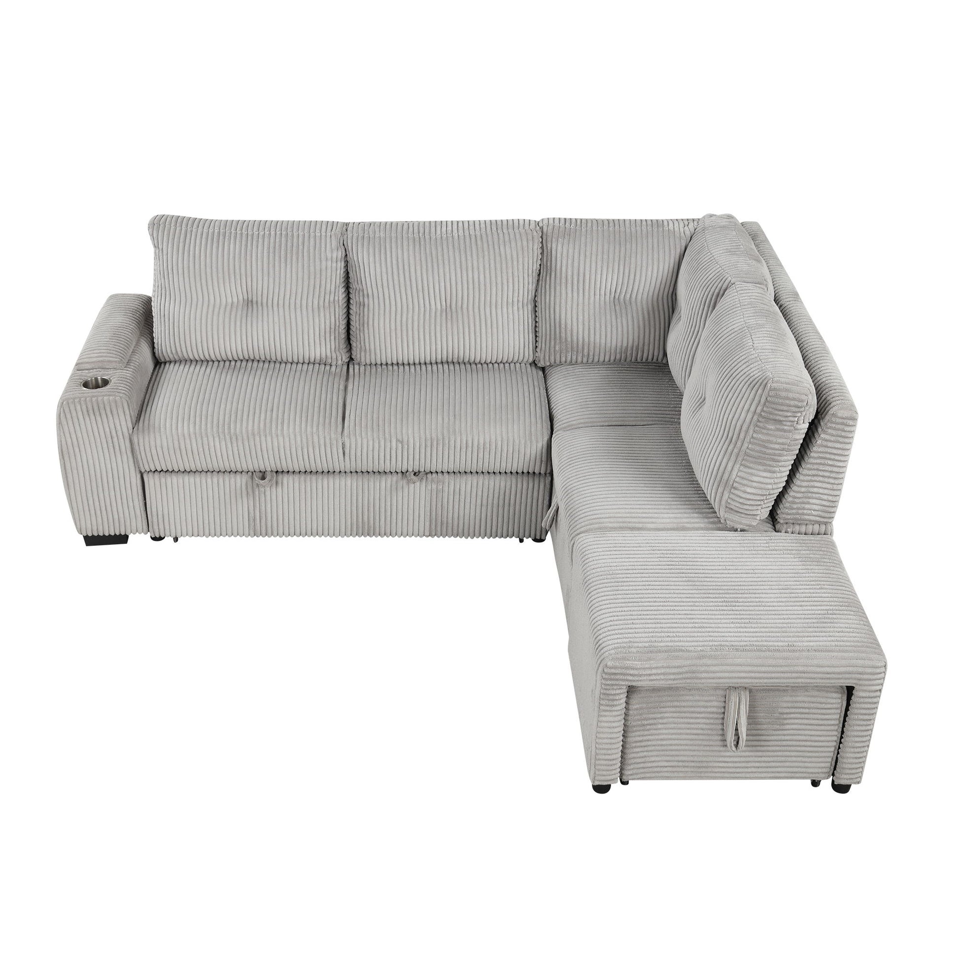 Pull-Out L-Shaped Sectional Sofa With Movable Ottoman And Stool, Large Storage Space, A Cup Holder, And 2 USB Ports For Living Room - Best Buy Furniture