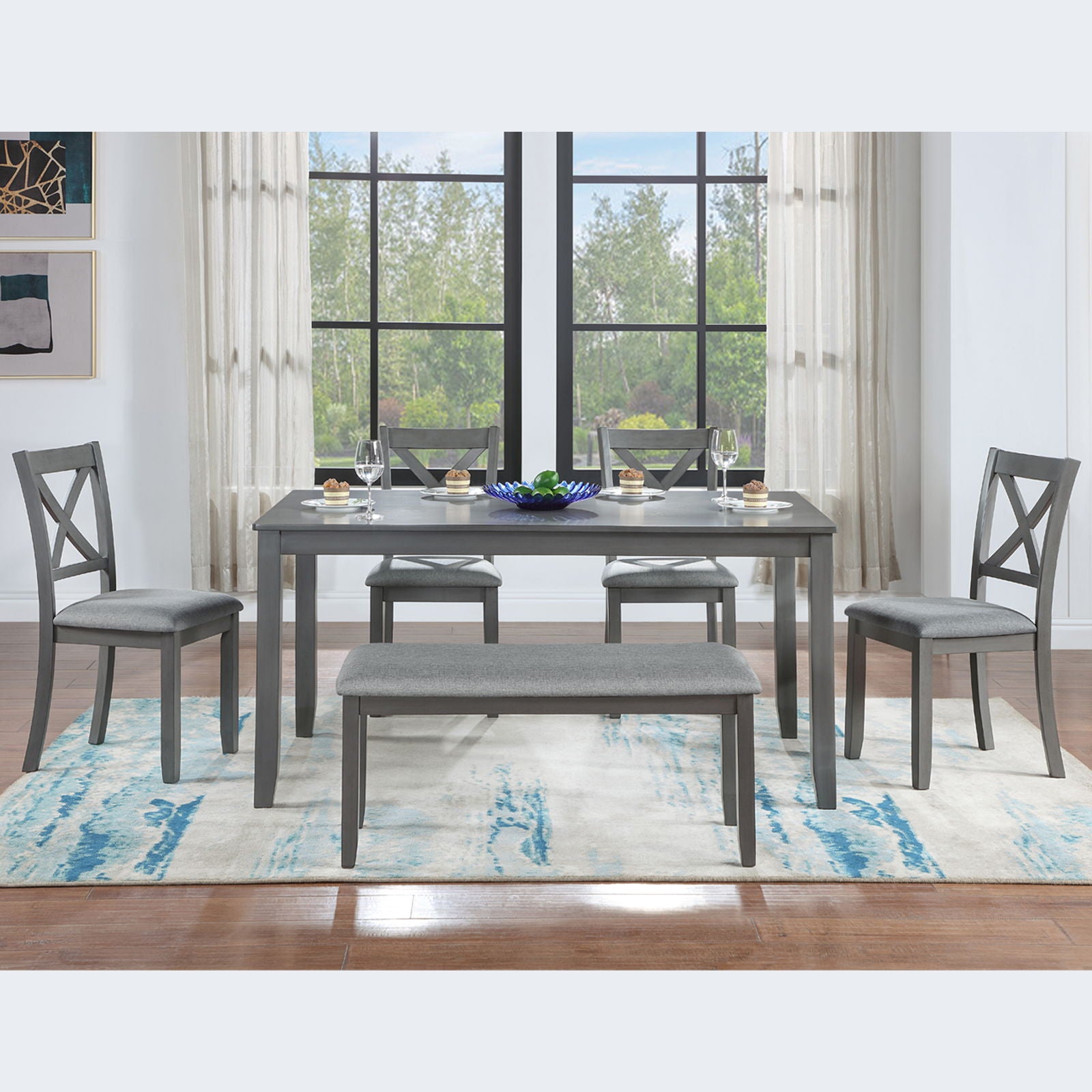 6 Pieces Kitchen Dining Set, Rectangular Wooden Dining Table With 4 Chairs And A Bench - Best Buy Furniture