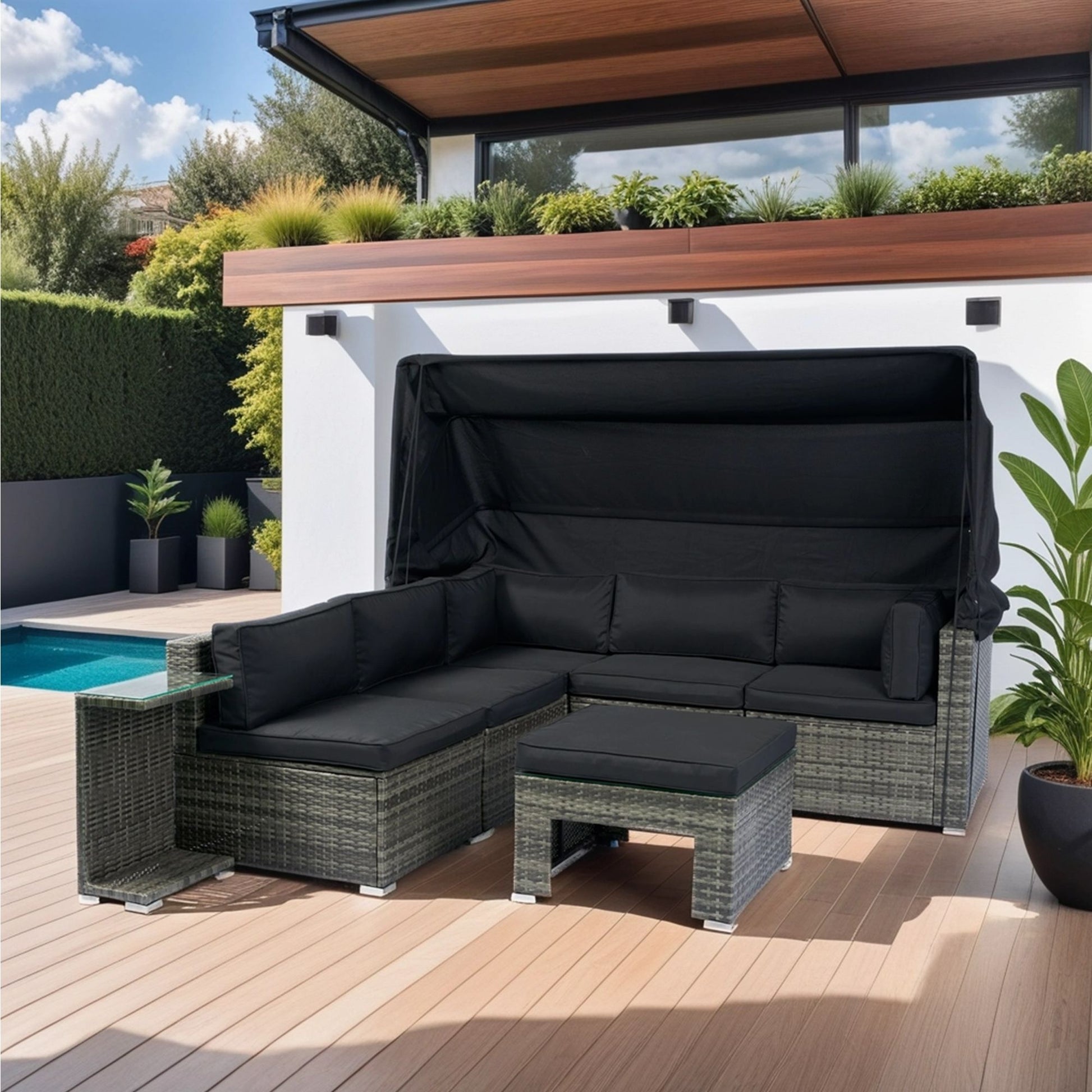 7 Piece Patio Furniture Set With Retractable Canopy Wicker Rattan Sectional Sofa Set Patio Furniture With Washable Cushions For Lawn, Garden, Backyard, Poolside Wicker And Cushion - Gray / Black - Best Buy Furniture