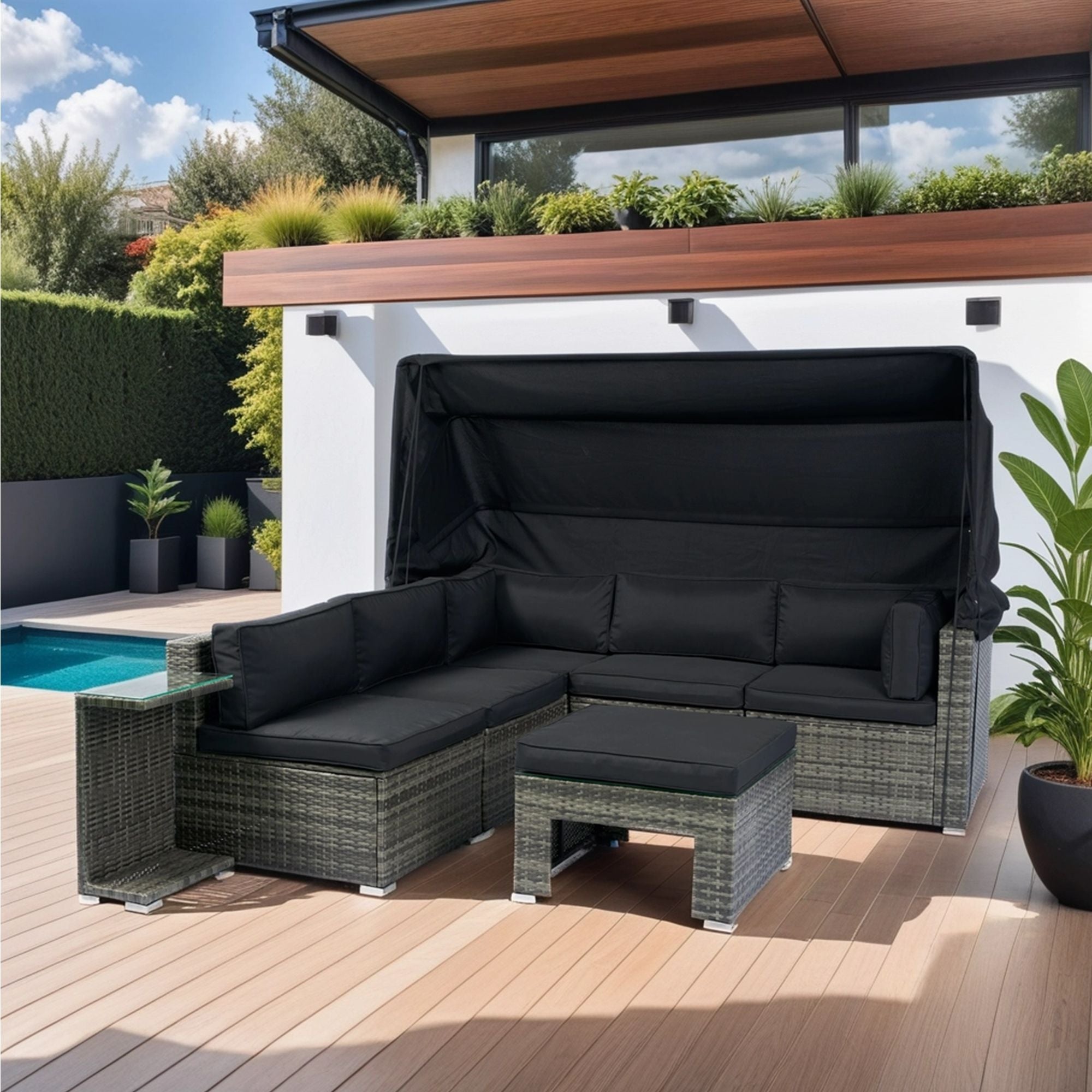 7 Piece Patio Furniture Set With Retractable Canopy Wicker Rattan Sectional Sofa Set Patio Furniture With Washable Cushions For Lawn, Garden, Backyard, Poolside Wicker And Cushion - Gray / Black - Best Buy Furniture