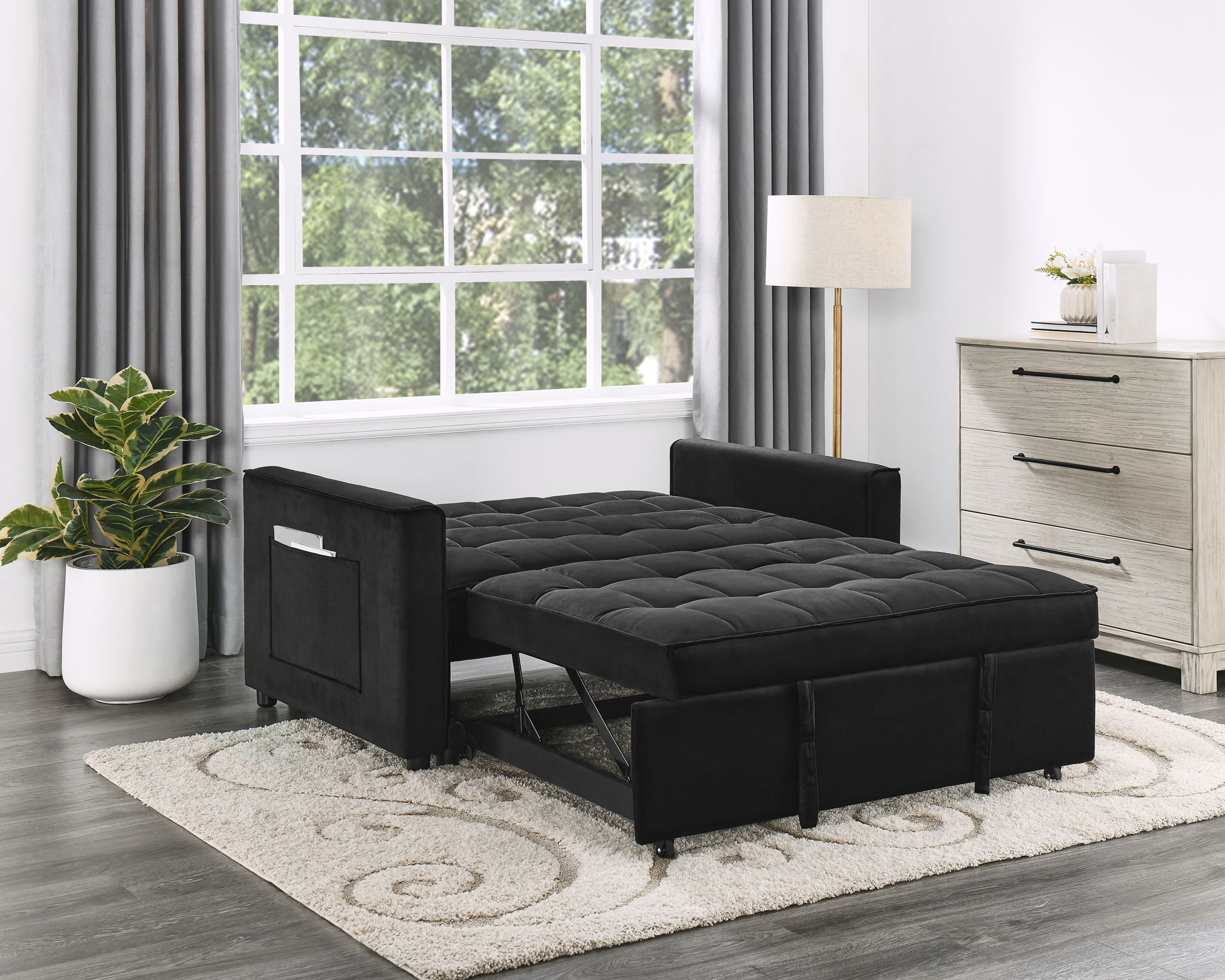 Maeve - Velvet Convertible Sleeper Loveseat With Tufting and Side Pocket - Black - Best Buy Furniture
