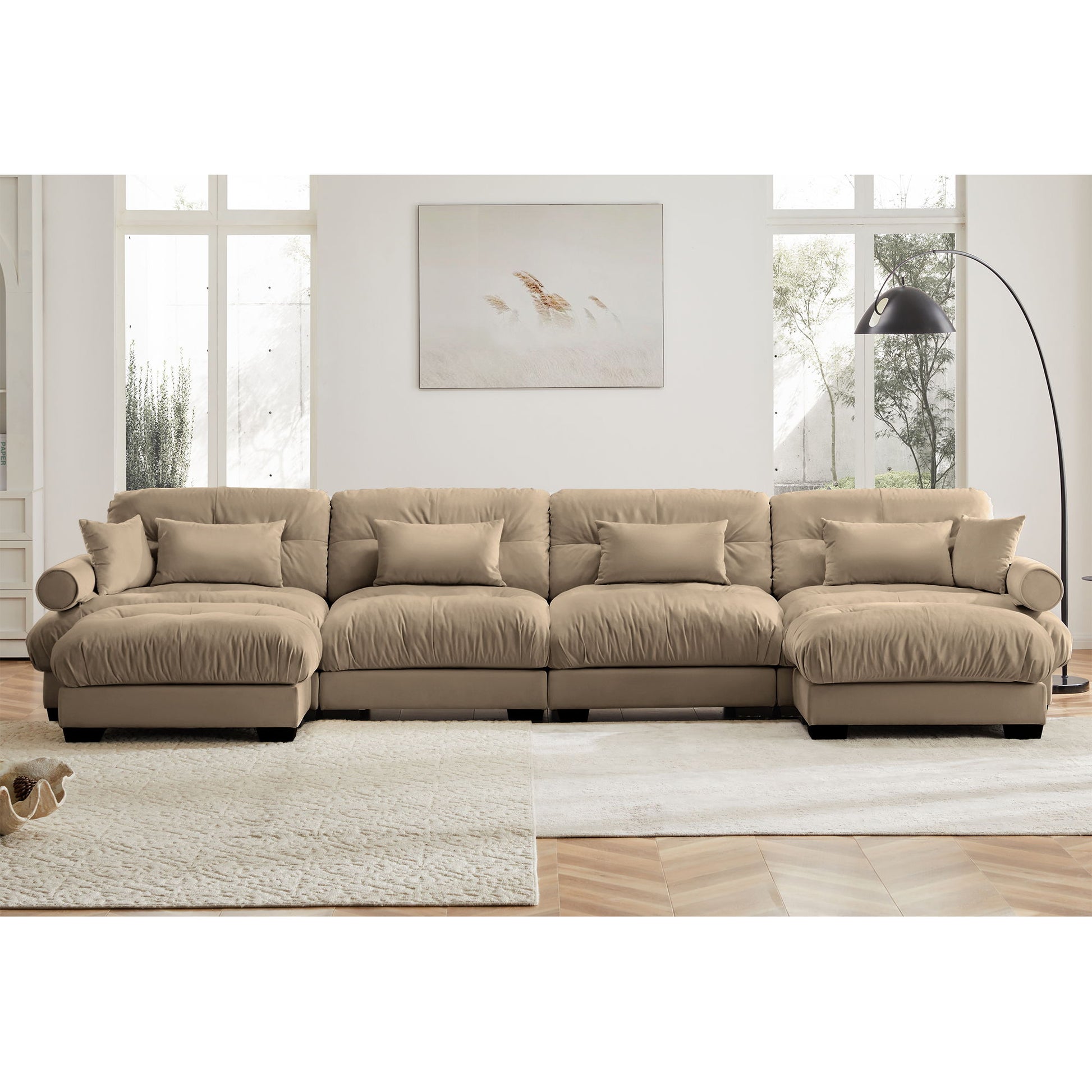 Modern Sectional Sofa With Ottoman, Round Bolster Armrests, Waist And Throw Pillows - Best Buy Furniture