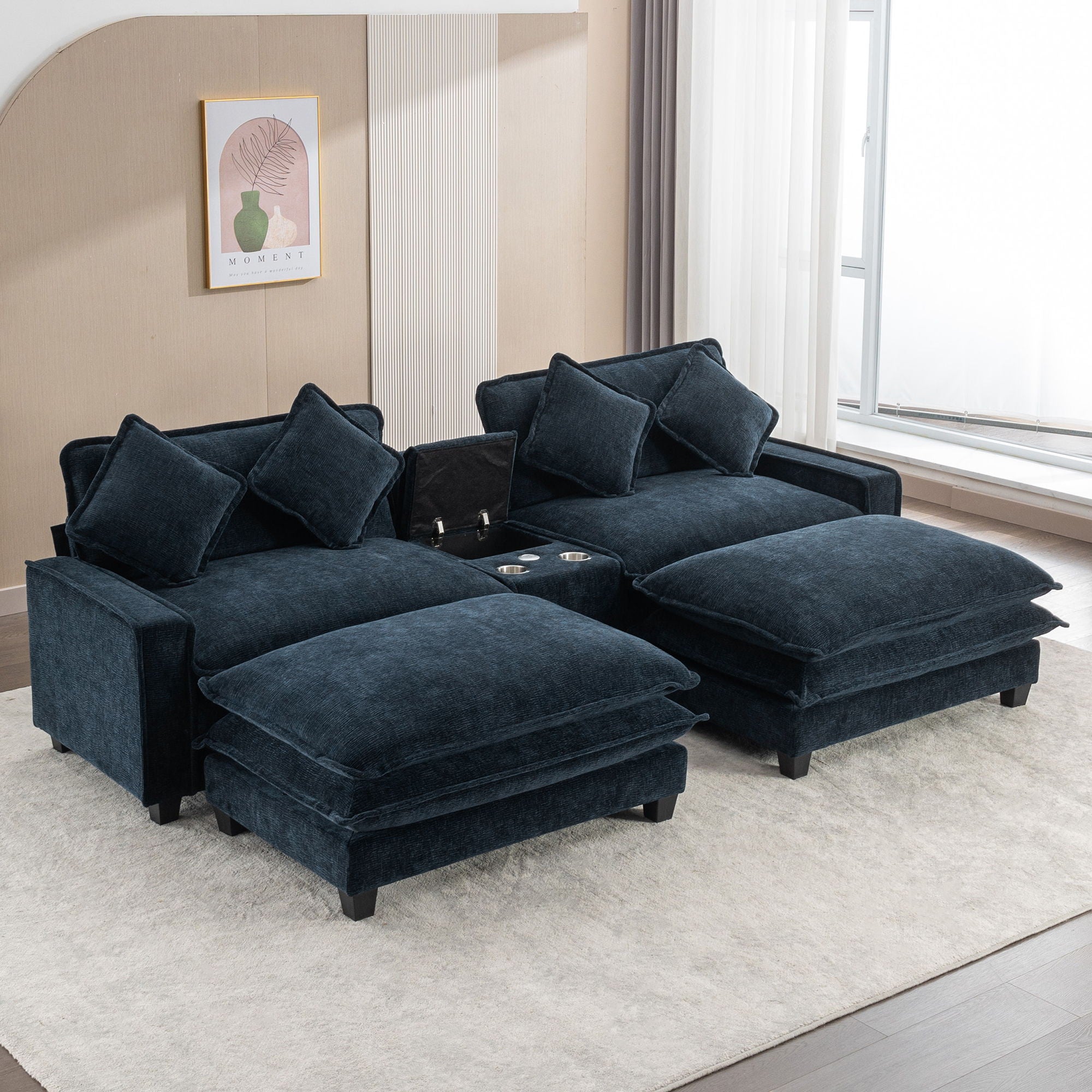 Sectional Sofa Chenille Upholstered Sofa With Two Removable Ottoman, Two USB Ports, Two Cup Holders And Large Storage Box For Living Room - Best Buy Furniture
