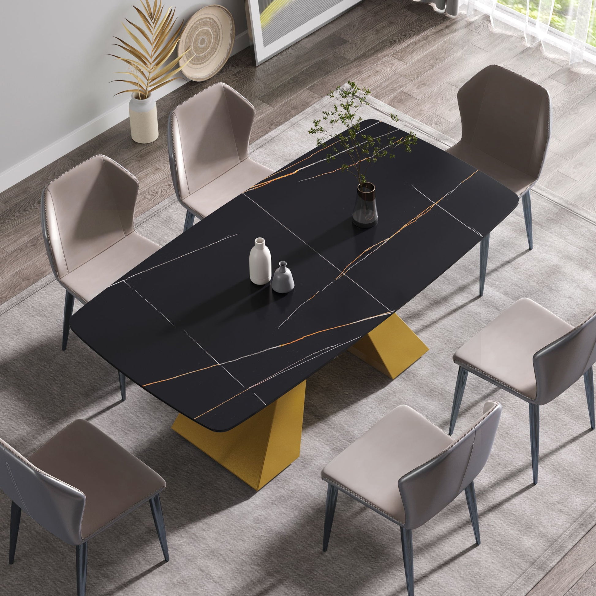 70.87" Modern Artificial Stone Curved Metal Leg Dining Table, Can Accommodate 6-8 People - Black / Gold - Best Buy Furniture