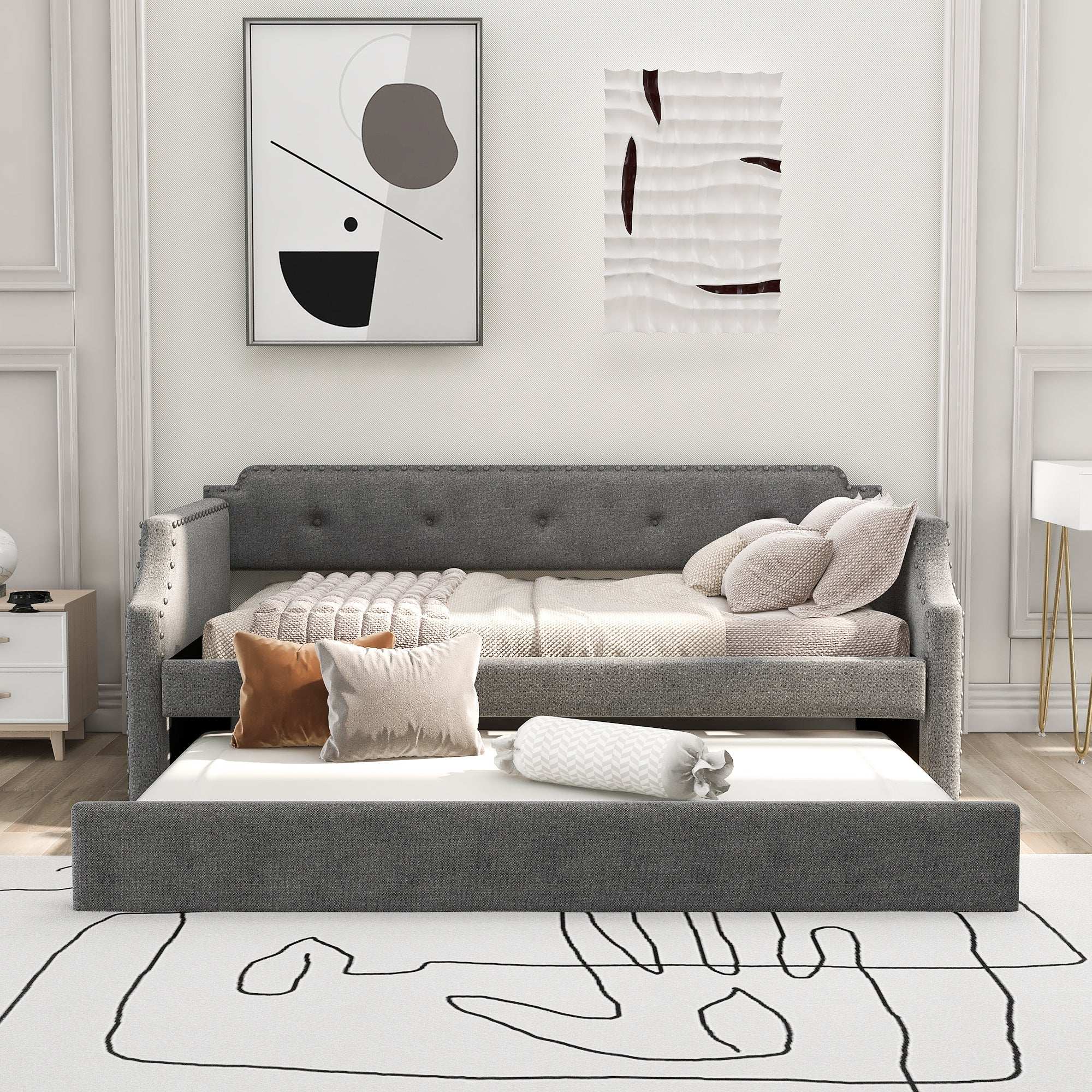 Twin Upholstered Daybed with Trundle, Wood Slat Support,Upholstered Frame Sofa Bed - Best Buy Furniture