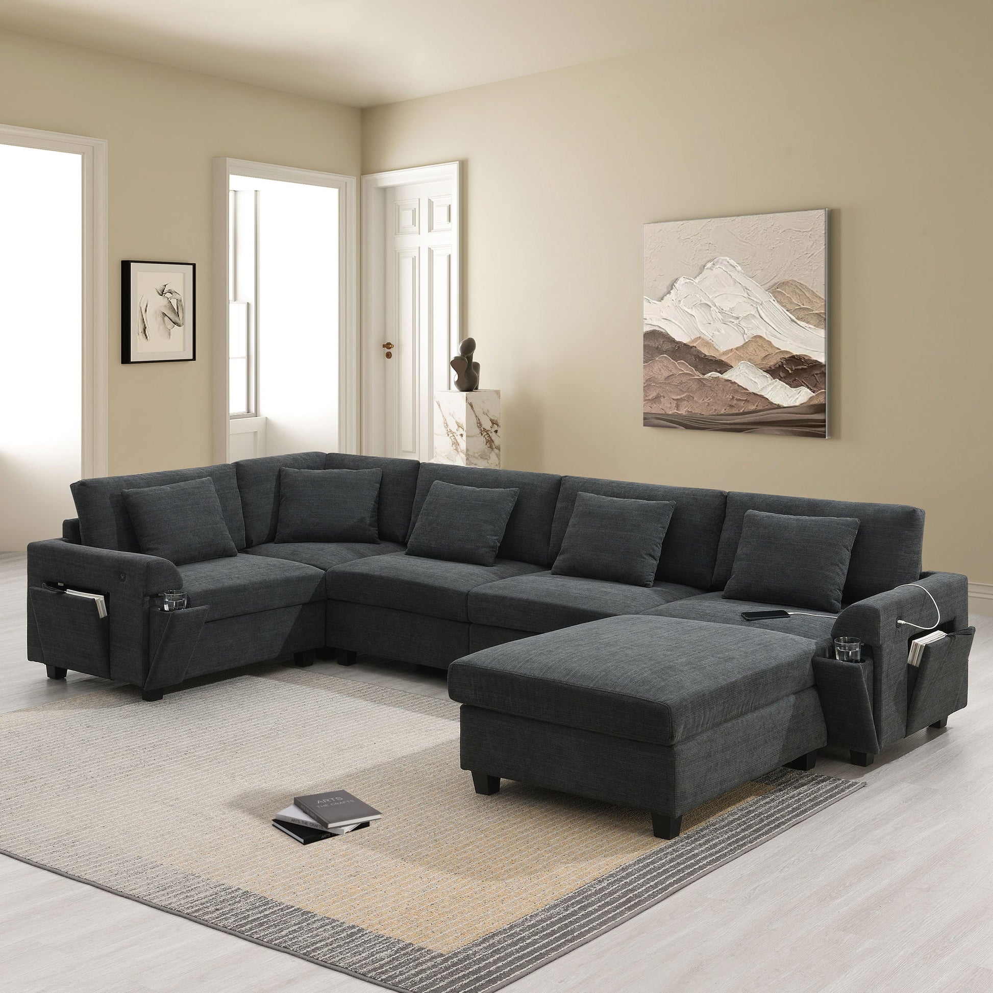 U Shaped Sectional Sofa 6 Seat Couch Set With Oversized Ottoman, Hidden Armrest Storage And Cup Holders USB Charging Ports Wide Seat Sofa - Best Buy Furniture